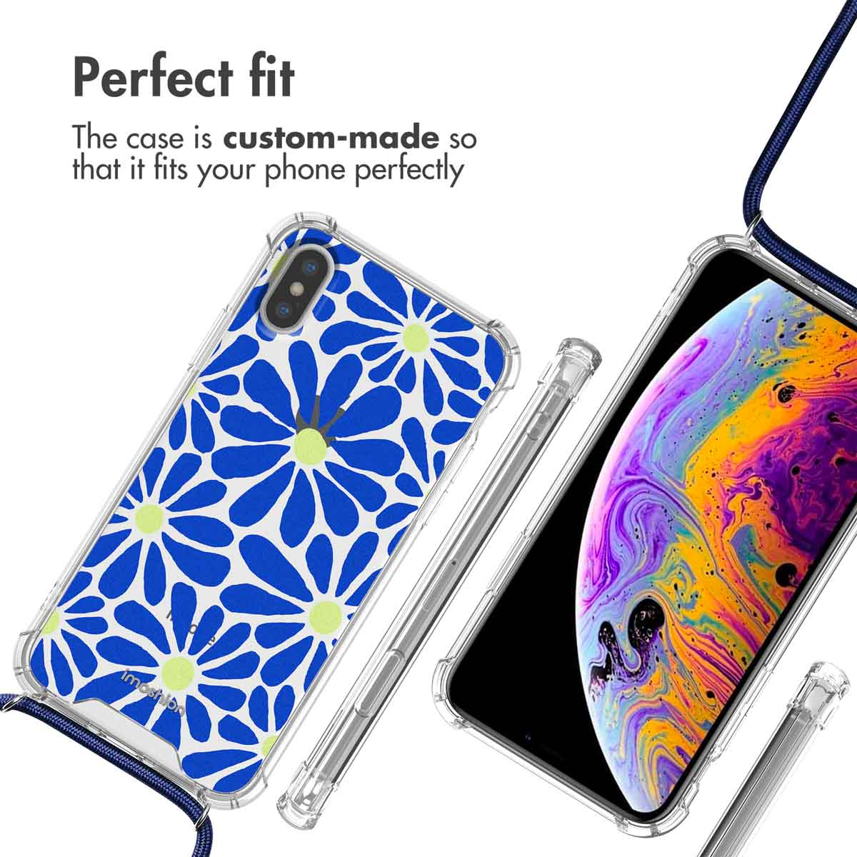 Custodia trasparente con motivo a fiori blu, accompagnata dalla scritta Perfect fit.