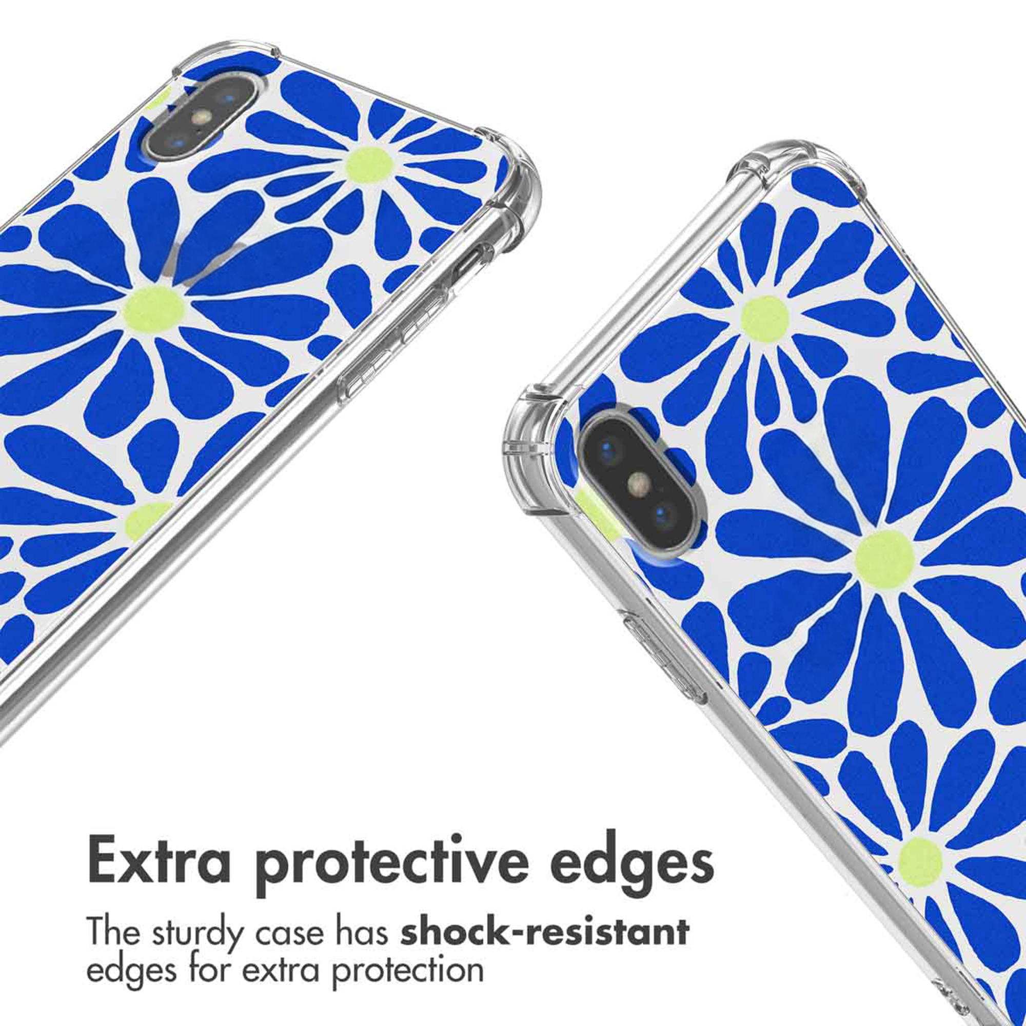 Due custodie per telefono trasparenti con motivo a fiori blu e angoli antiurto.