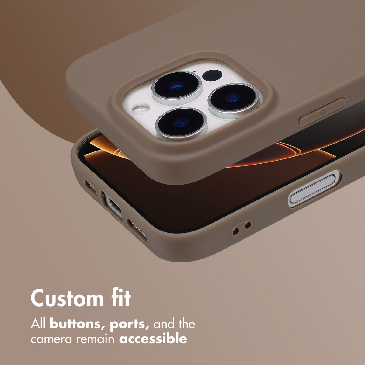 Une coque de téléphone marron sur un smartphone, montrant les boutons et ports accessibles.
