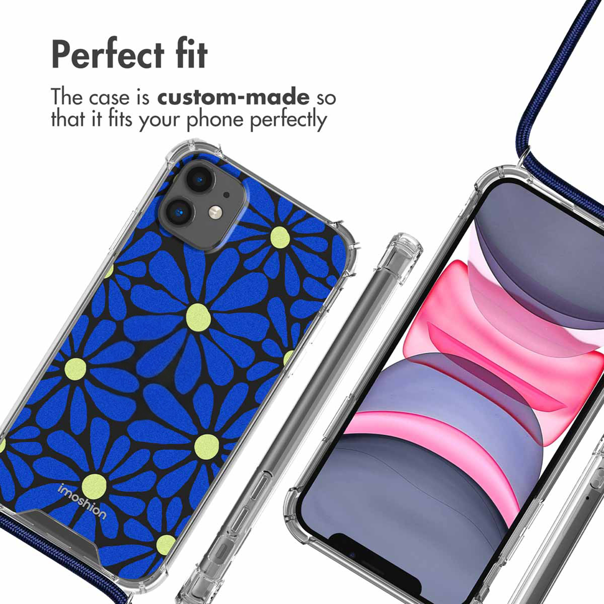 Une coque transparente avec un motif floral bleu et une lanière bleue, vue de face et de dos.