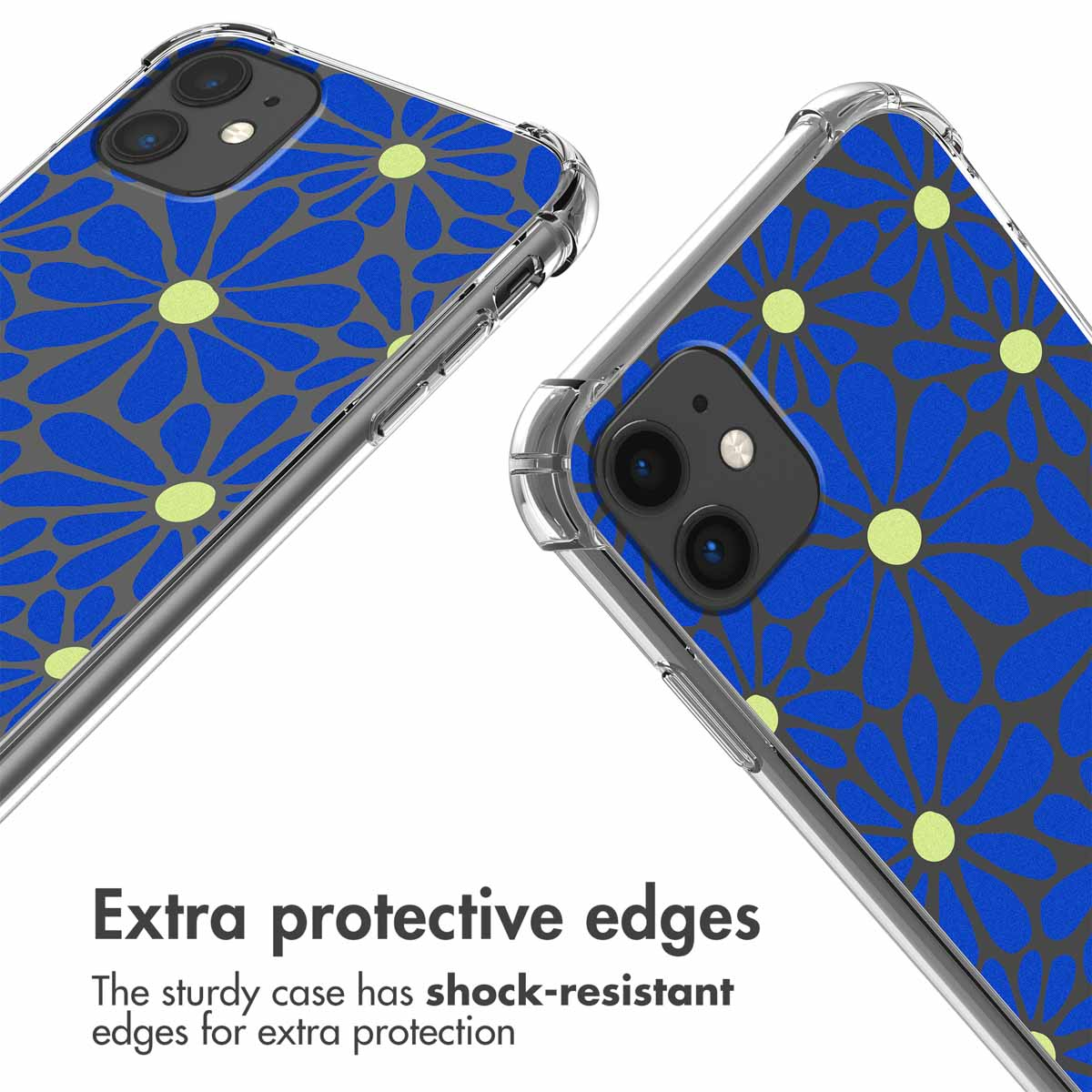 Deux coques de smartphone à motif floral bleu et bords antichocs sur fond blanc.