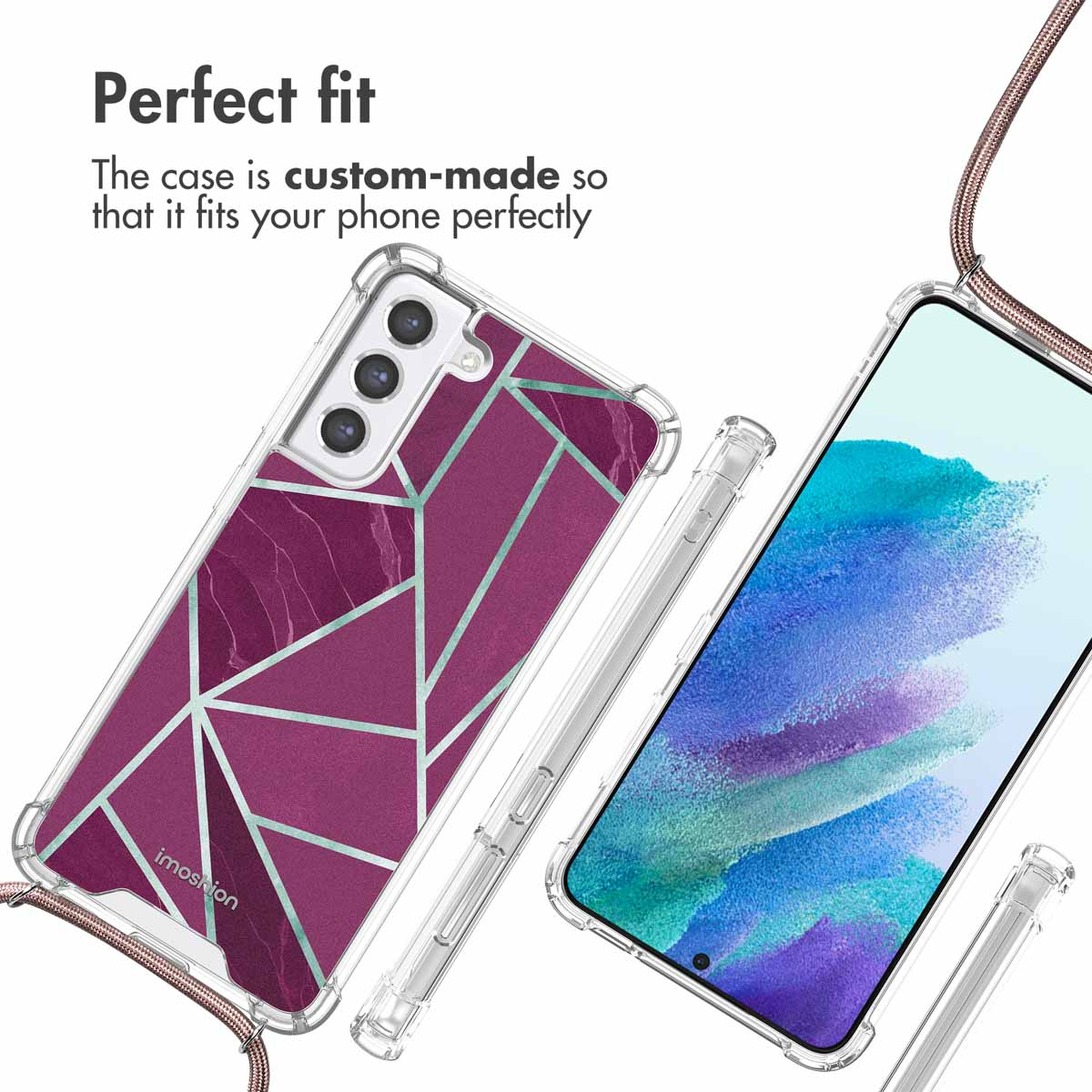 Coque transparente avec motif géométrique, lanière et texte 'Perfect fit'.