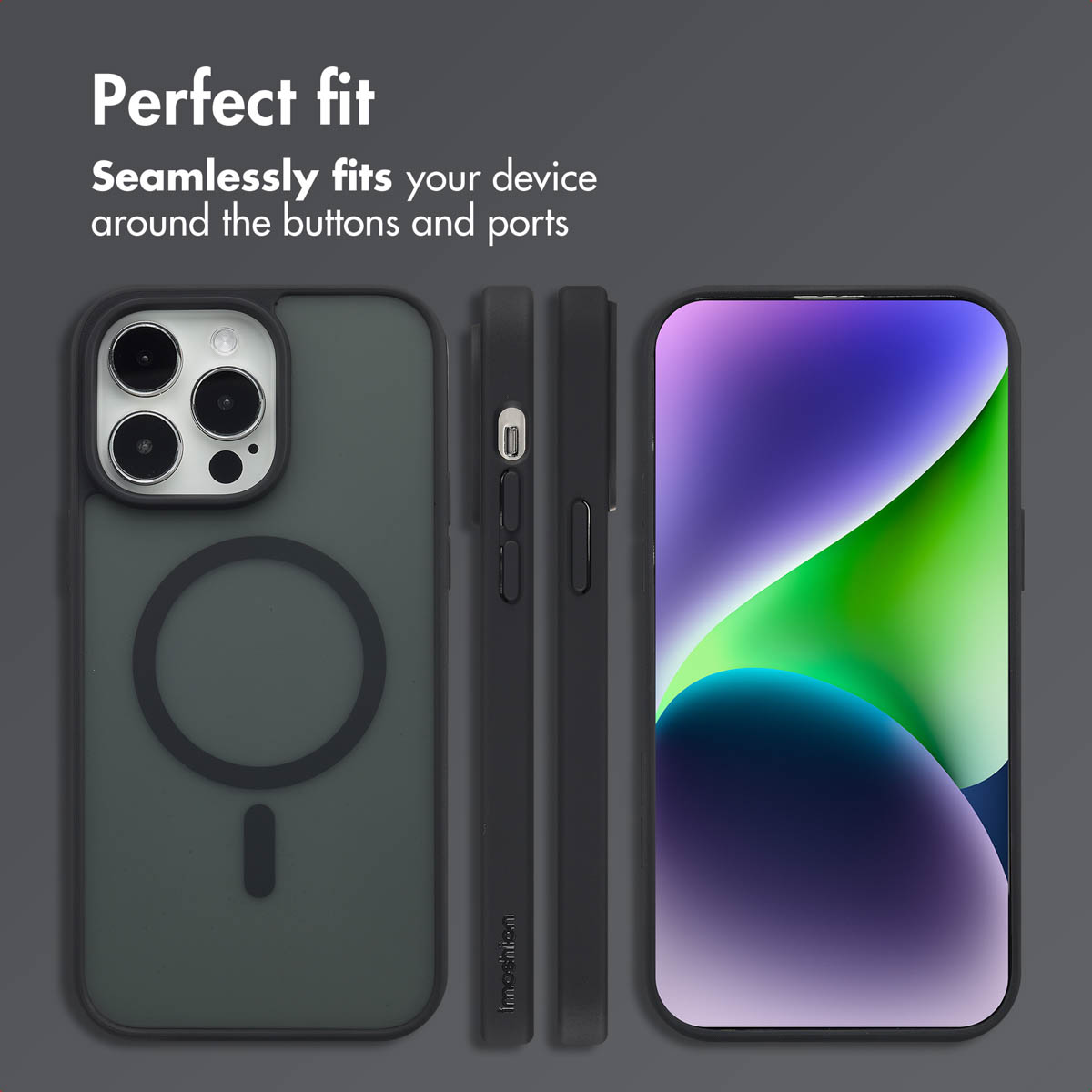 Dunkelgraue Smartphone-Hülle mit MagSafe-Kreis, seitlichen Tasten und einem Telefon mit farbigem Display.