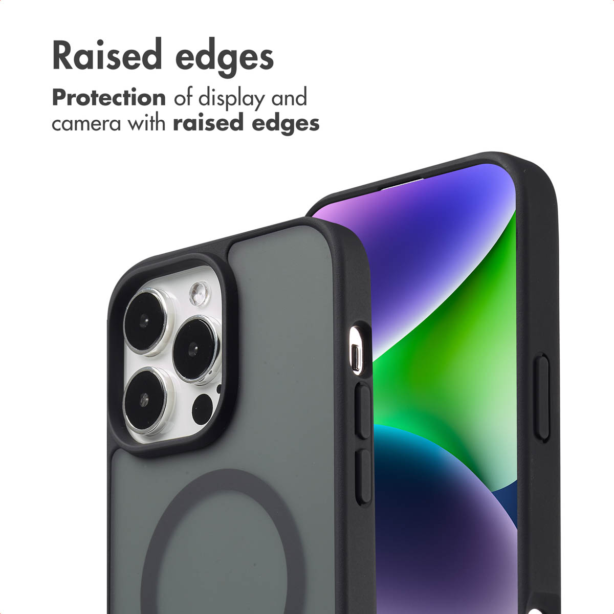 Smartphone in einer schwarzen Schutzhülle mit erhöhtem Rand für Display- und Kameraschutz.