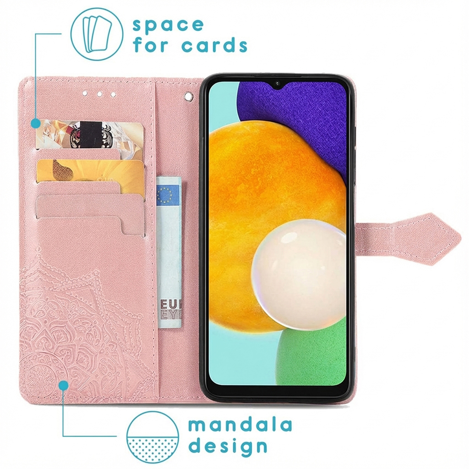 Étui de téléphone rose style portefeuille avec mandala, fentes pour cartes et smartphone.