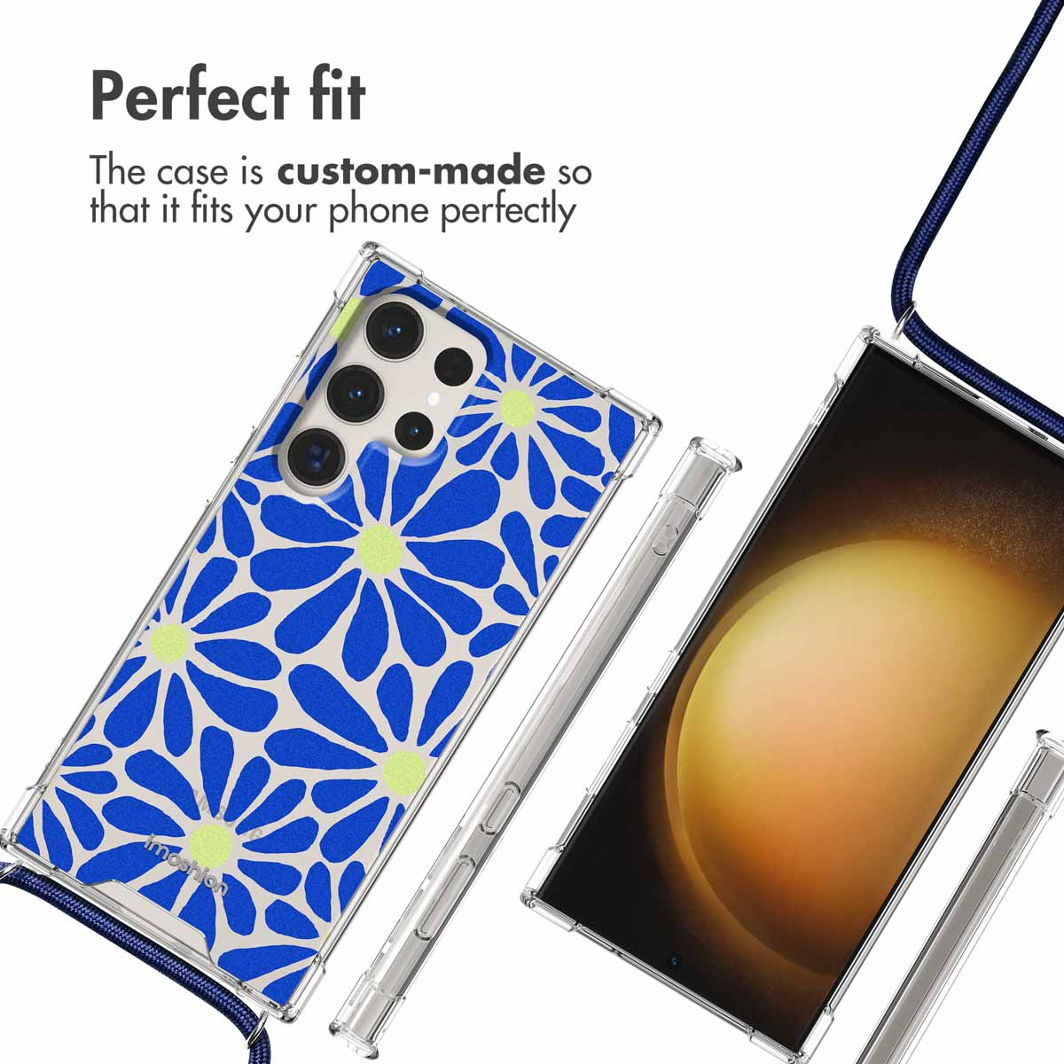 Coque de téléphone transparente avec motif de marguerites bleues et lanière de cou.