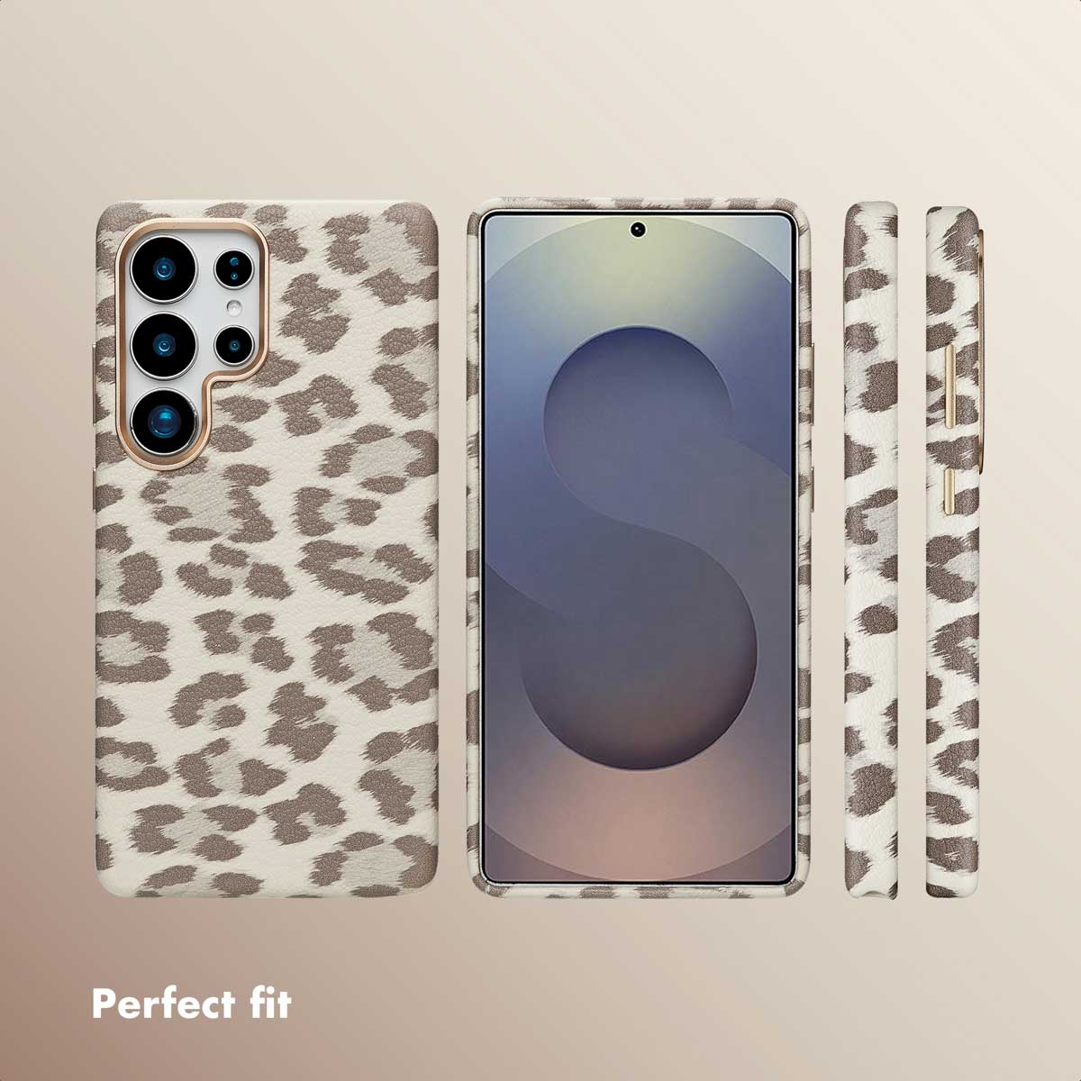 Un teléfono inteligente con una elegante funda protectora con estampado de leopardo, vista frontal, trasera y lateral.