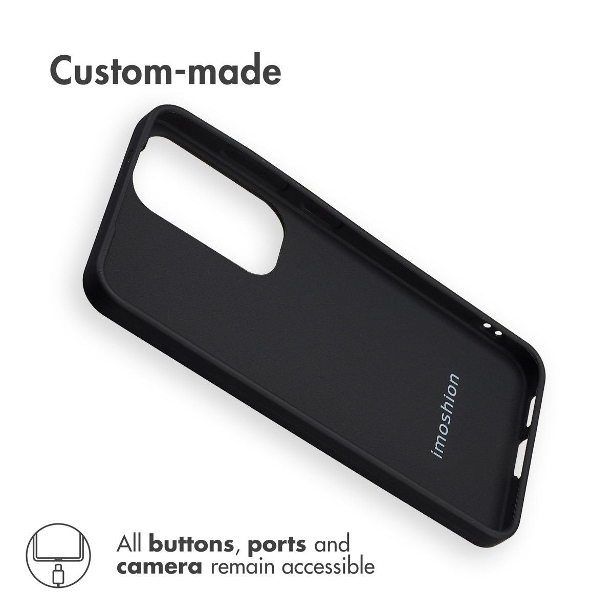 Eine schwarze Smartphone-Hülle auf weißem Grund mit Text zur Bedienbarkeit.