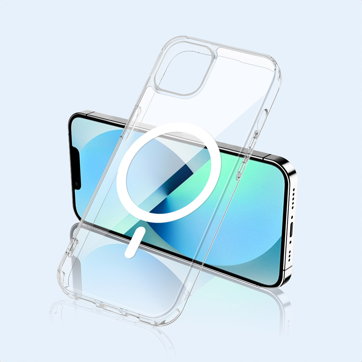 Una custodia trasparente con anello MagSafe fluttua sopra uno smartphone su sfondo chiaro.
