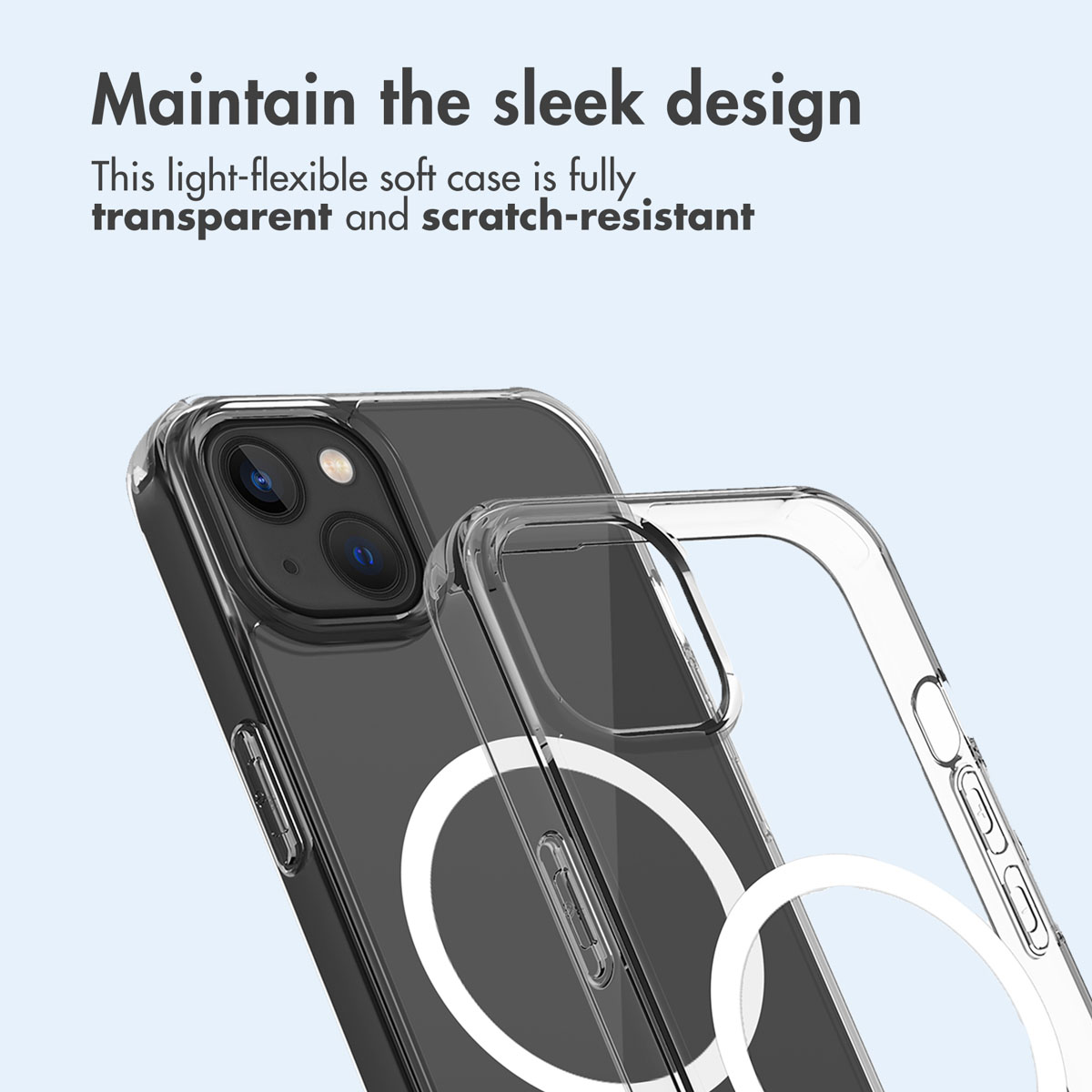 Custodia trasparente e flessibile per telefono con anello MagSafe su sfondo azzurro.