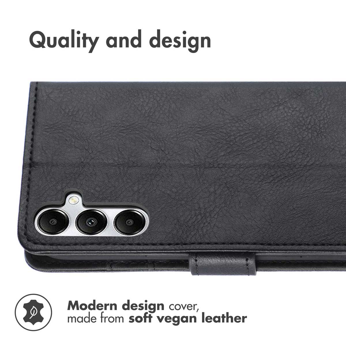 Schwarze vegane Leder-Handyhülle mit Dreifachkamera-Ausschnitt.