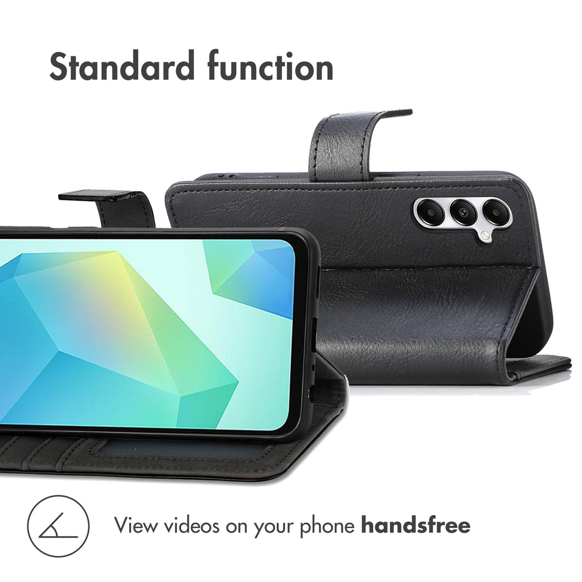 Ein schwarzes Leder-Smartphone-Case mit Standfunktion, das Vorder- und Rückkamera zeigt.