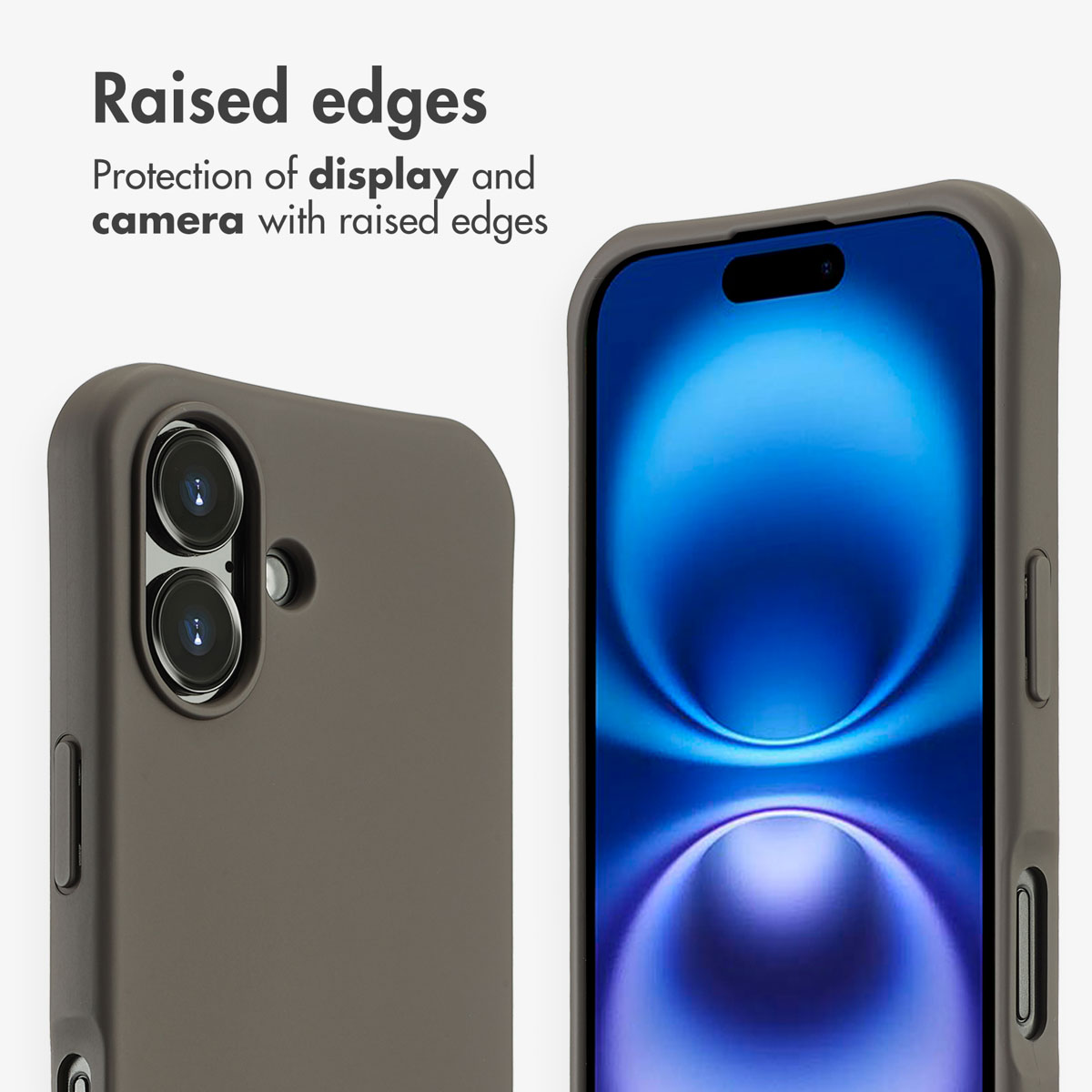Cover per smartphone grigia con bordi rialzati per protezione.