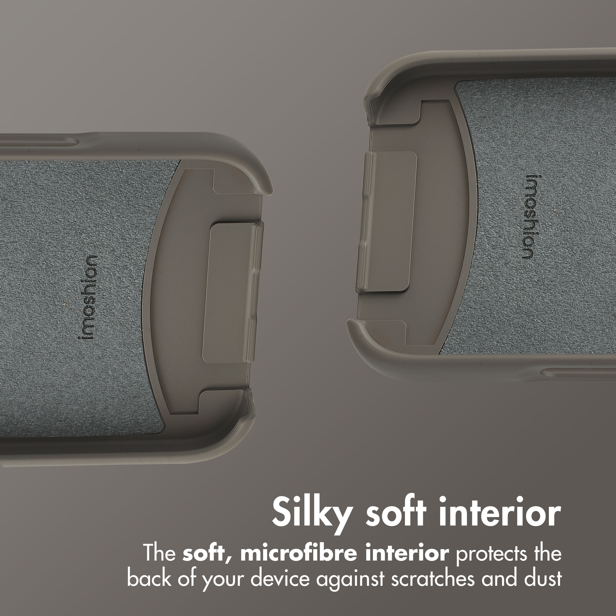 Due custodie per telefono con interno in morbida microfibra e logo Imoshion su sfondo grigio.