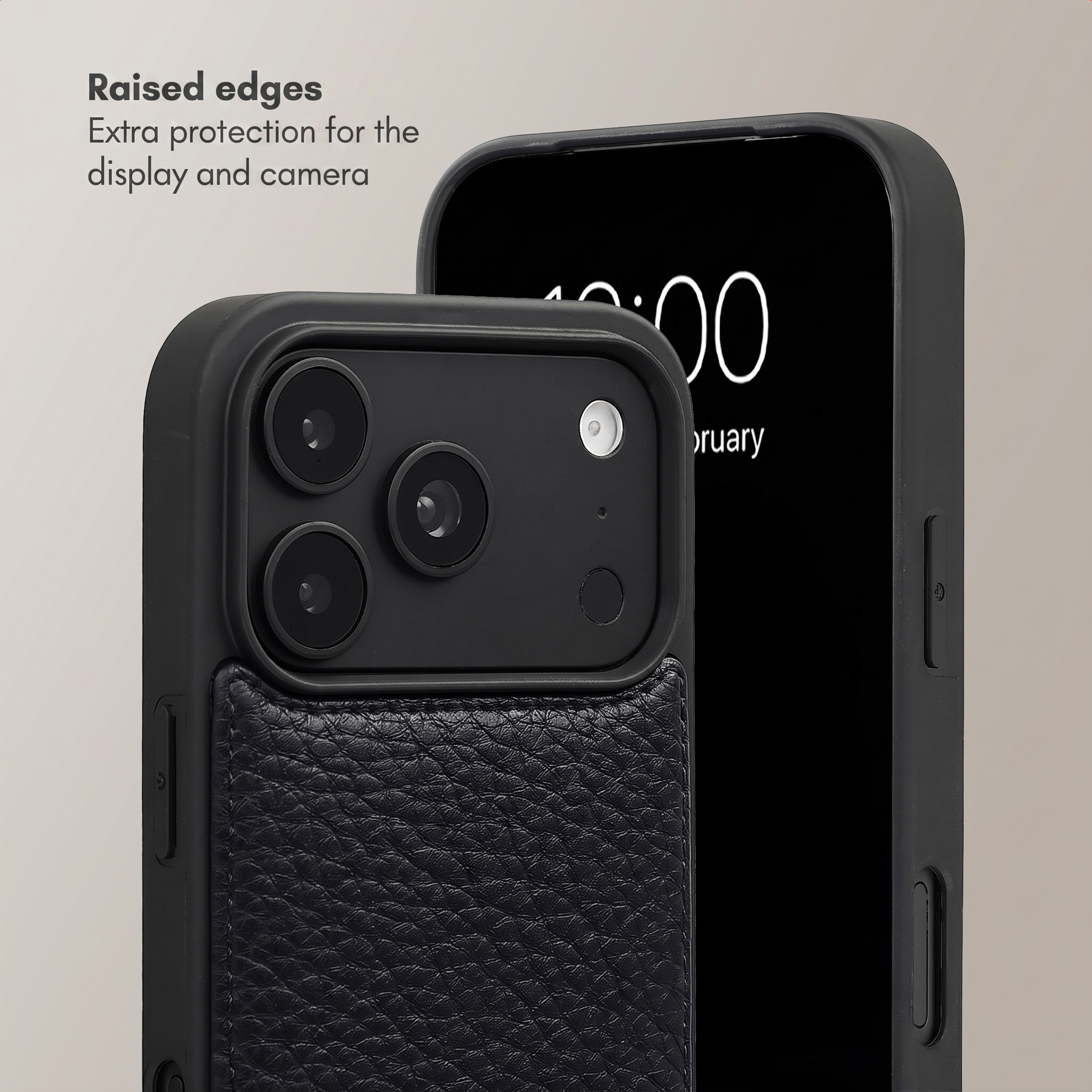 Zwei schwarze Smartphones mit Schutzhüllen und erhöhten Rändern für Display und Kamera auf grauem Hintergrund.