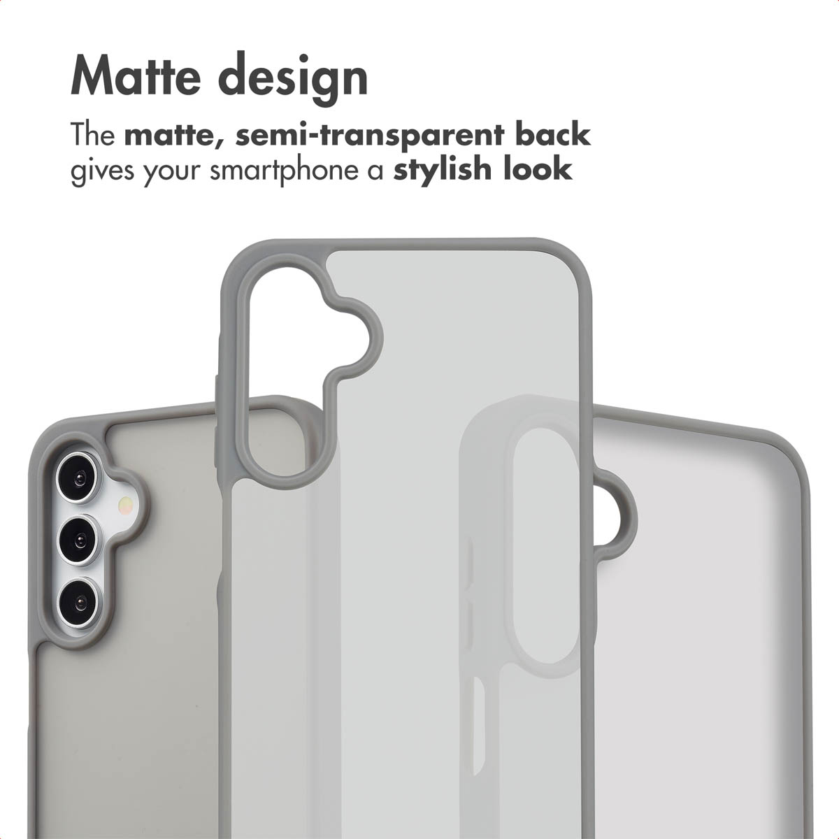 Funda protectora mate para smartphone con diseño semitransparente y recorte para cámara.