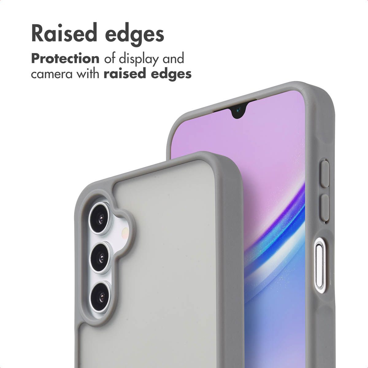 Funda gris para smartphone con bordes elevados para proteger la pantalla y la cámara.