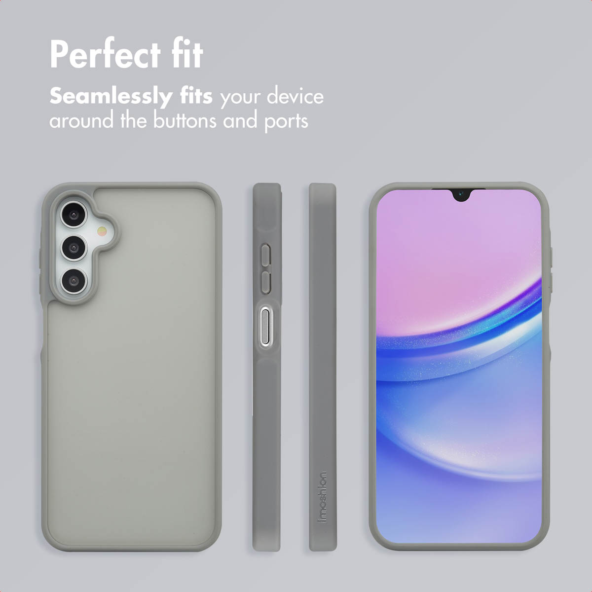 Funda de smartphone gris que muestra la parte trasera, vistas laterales con botones y frontal con pantalla.