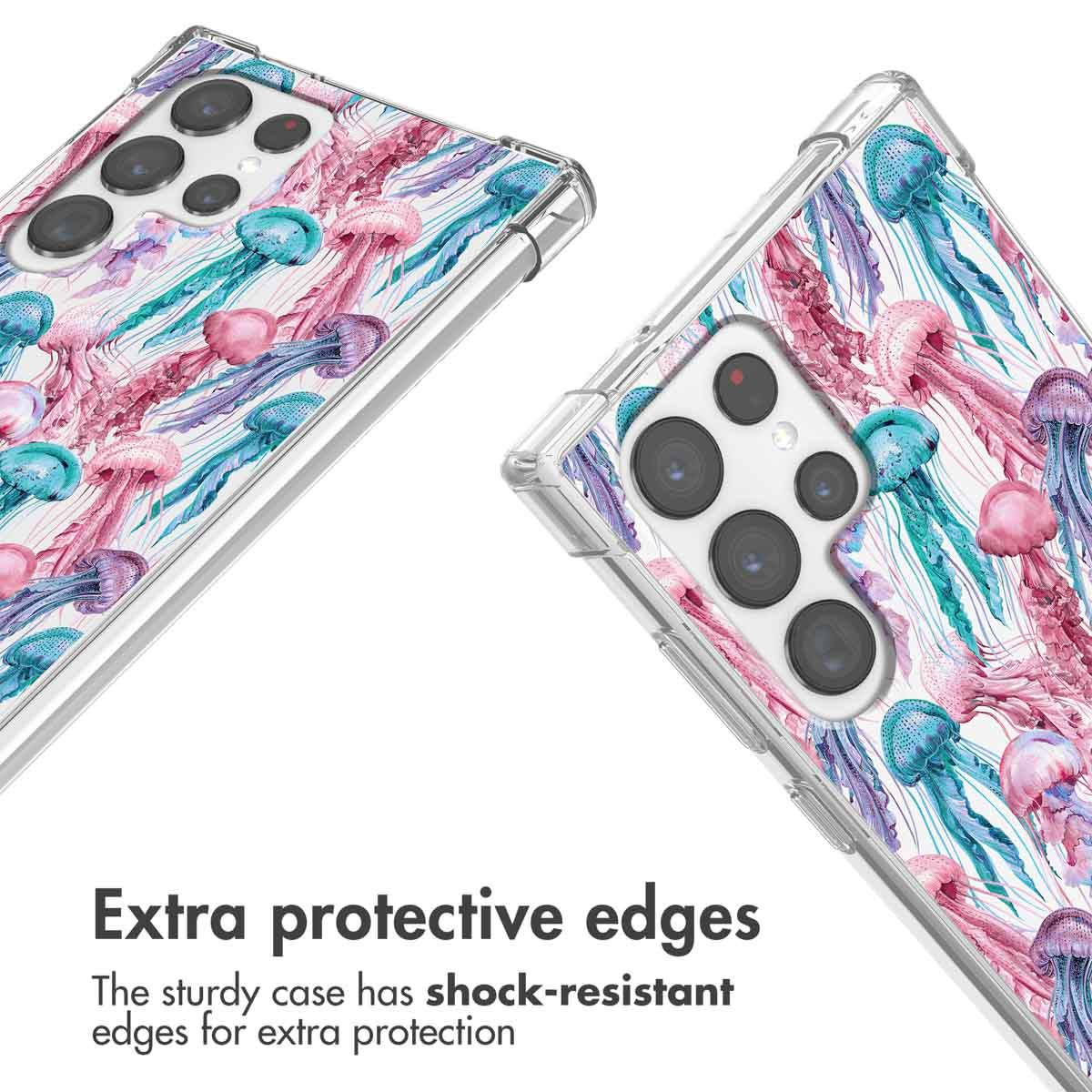Coque transparente avec méduses en aquarelle et bords antichocs.