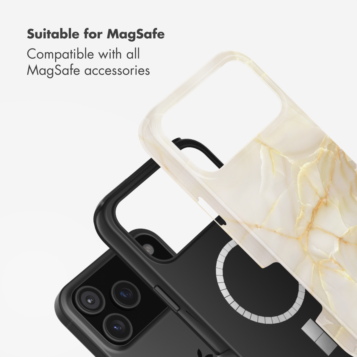 Zwei Smartphone-Hüllen, eine in schwarzem Silikon und eine in weißem Marmordesign, mit Text für MagSafe-Kompatibilität.