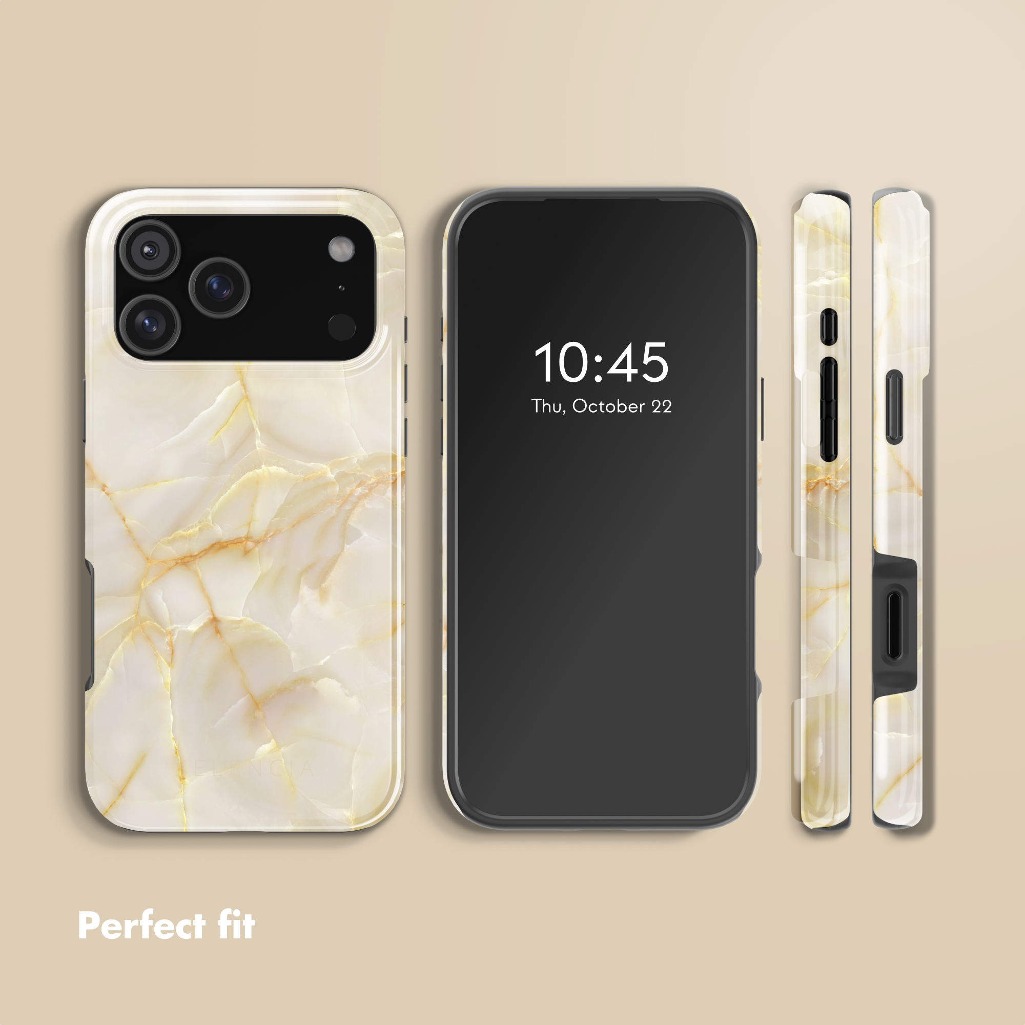 Vier Ansichten eines Smartphones mit weißem Marmormuster auf neutralem beige Hintergrund.
