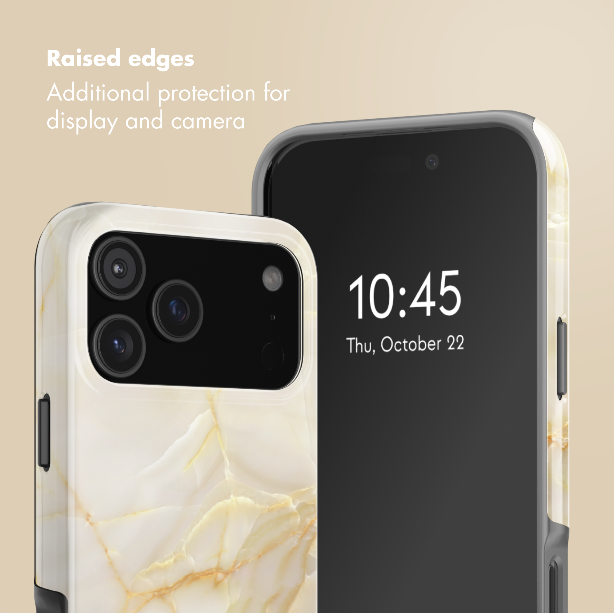 Zwei Smartphones in marmorierten Schutzhüllen mit erhöhten Rändern für Display- und Kamerasicherheit.