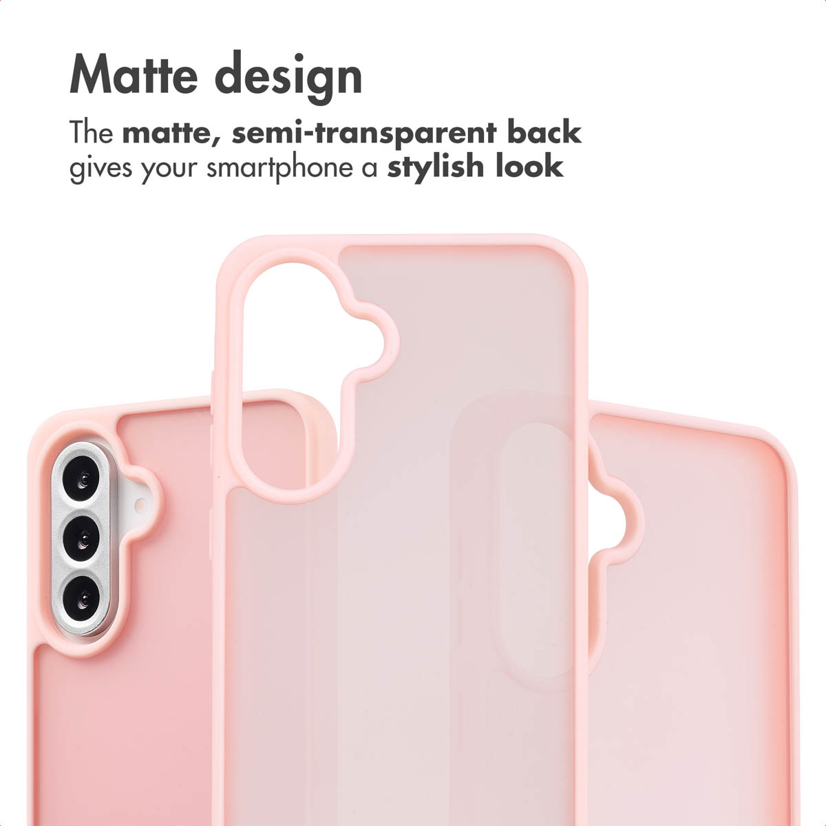Tre cover per smartphone rosa opache su sfondo bianco, che evidenziano il loro design posteriore semitrasparente.