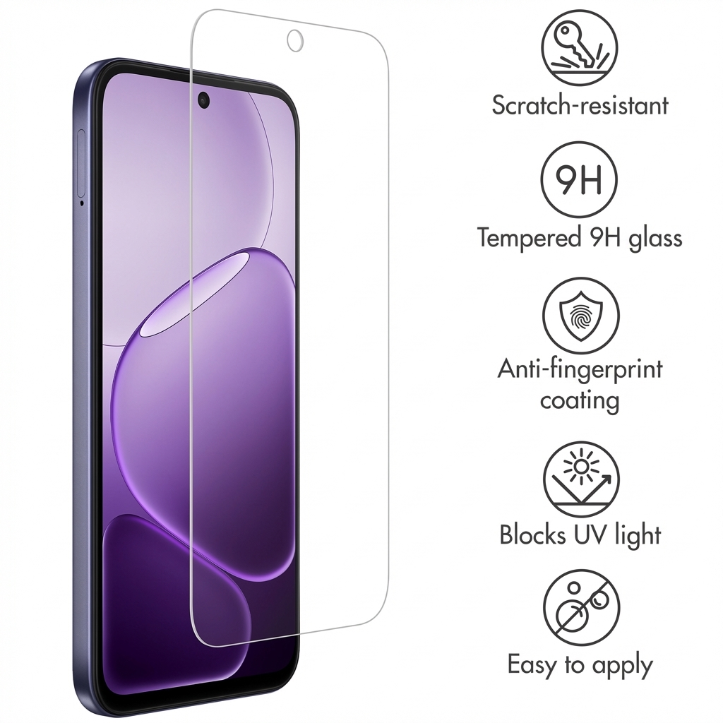 Smartphone avec protecteur d'écran et icônes indiquant des caractéristiques comme le verre trempé.