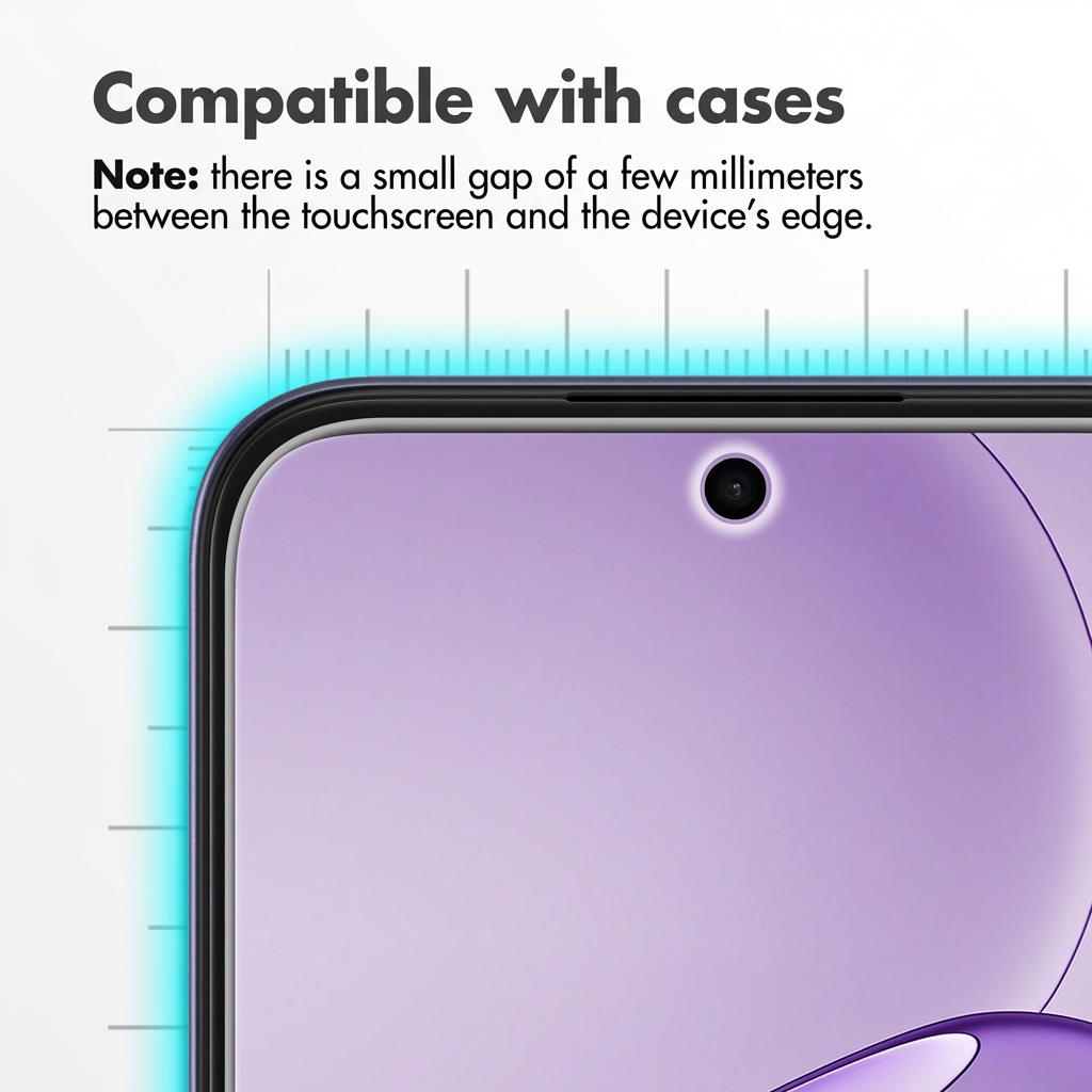 Écran de smartphone avec règle, montrant un espace entre l'écran et le bord pour les coques.