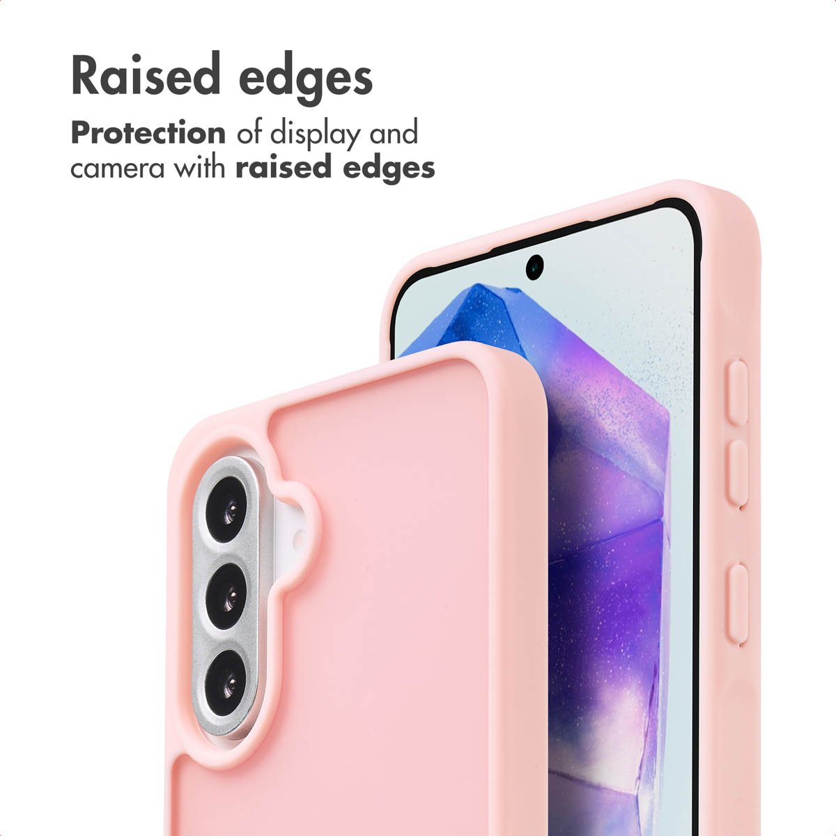 Custodia per telefono rosa con bordi rialzati che proteggono lo schermo e la fotocamera.
