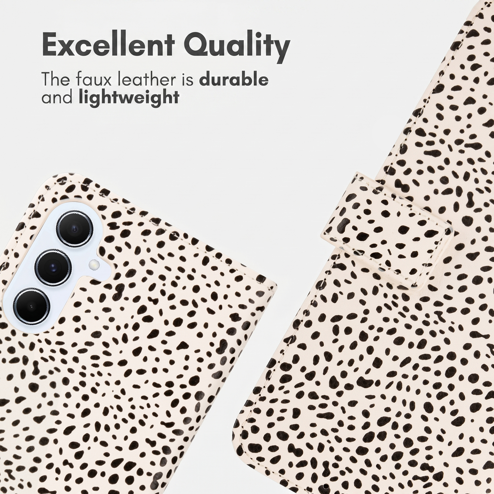 Cover per telefono beige con motivo dalmata nero, tre lenti della fotocamera visibili e testo "Excellent Quality".