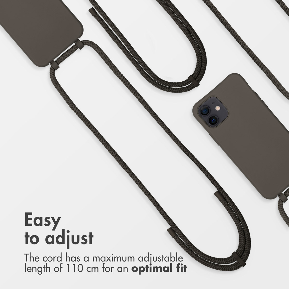 Cover per cellulare marrone scuro con cordini regolabili su fondo chiaro.
