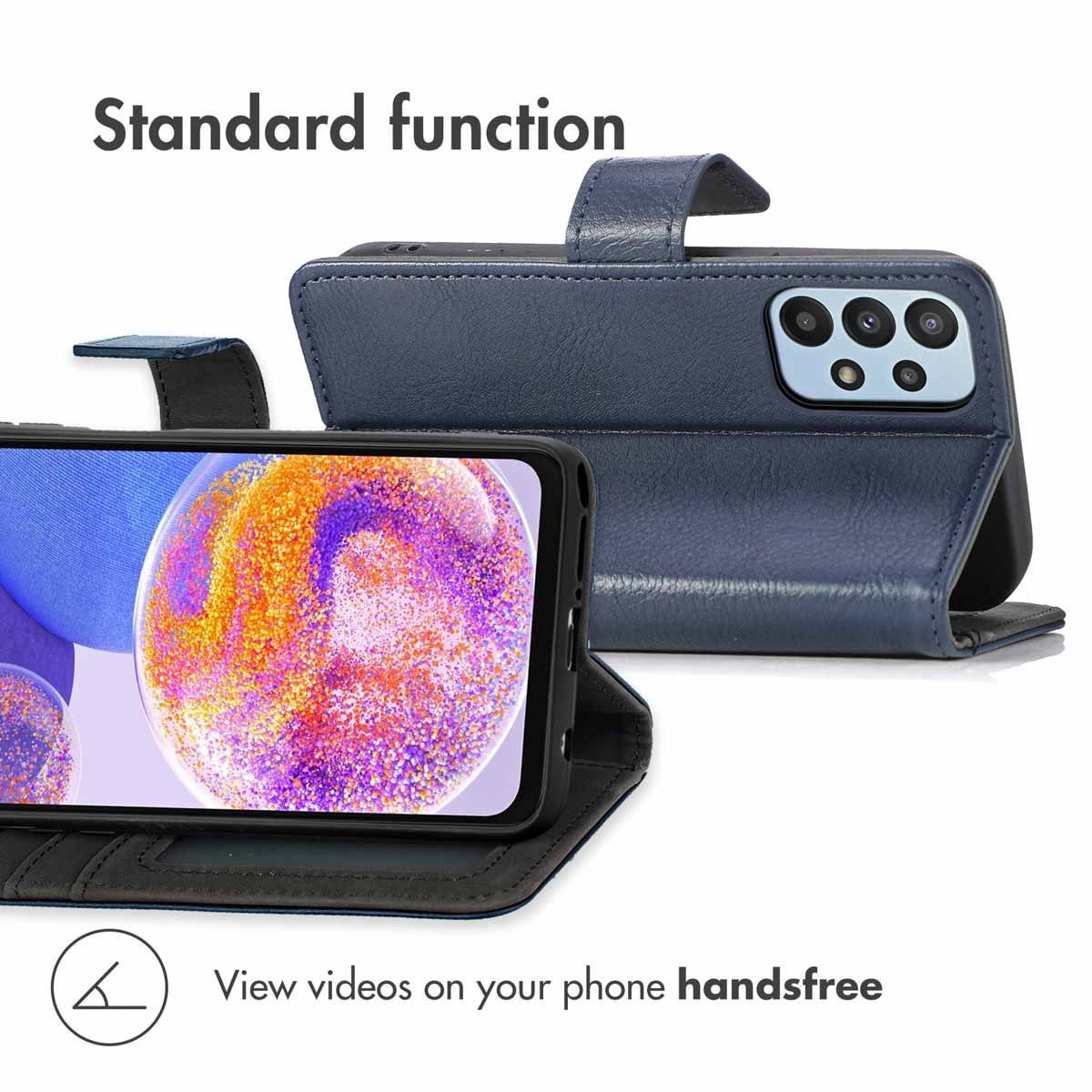 Un étui de téléphone en cuir bleu foncé soutient un smartphone à l'écran coloré.