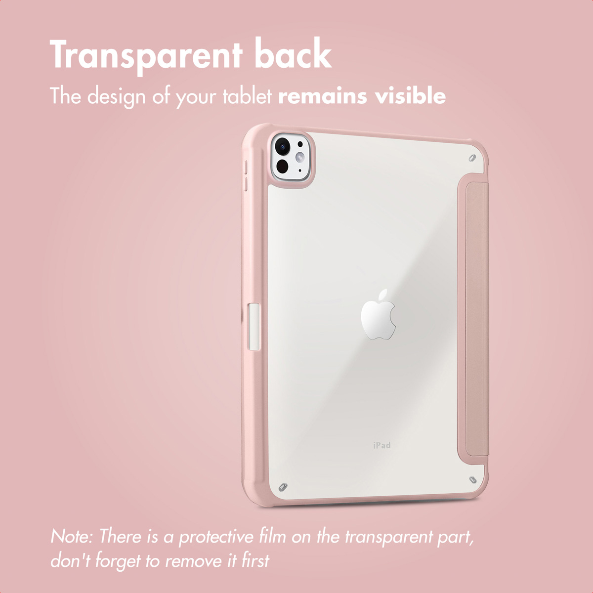 Un étui de tablette rose avec un dos transparent affichant le logo, sur fond rose.