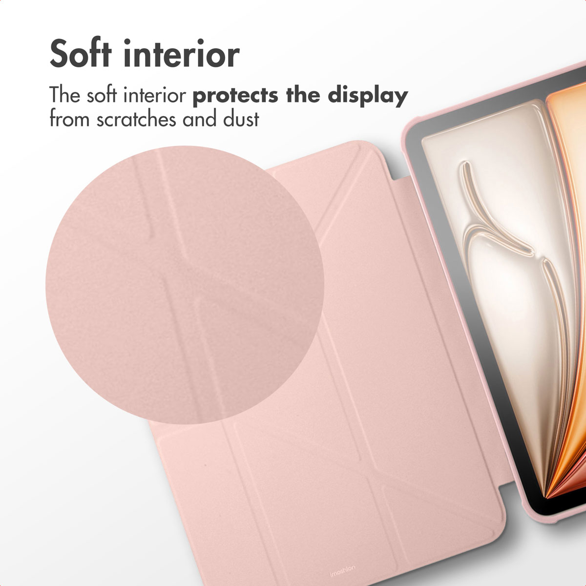 Étui de tablette rose avec intérieur doux et texte de protection.