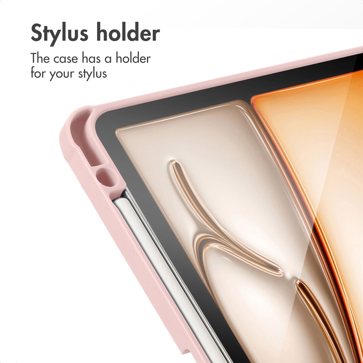 Étui de tablette rose avec porte-stylet intégré sur le bord.