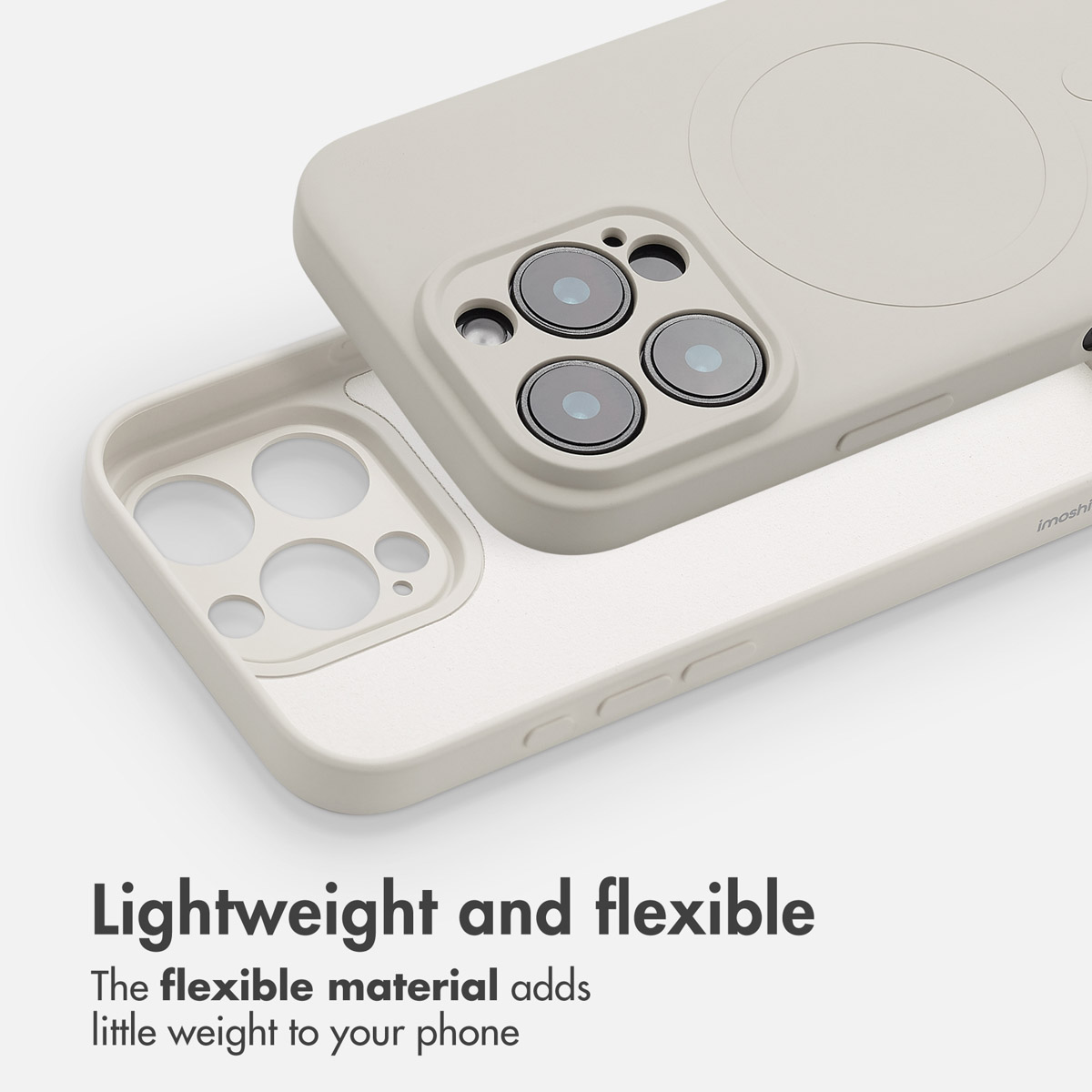 Custodia per telefono beige con anello MagSafe e fori per fotocamera.