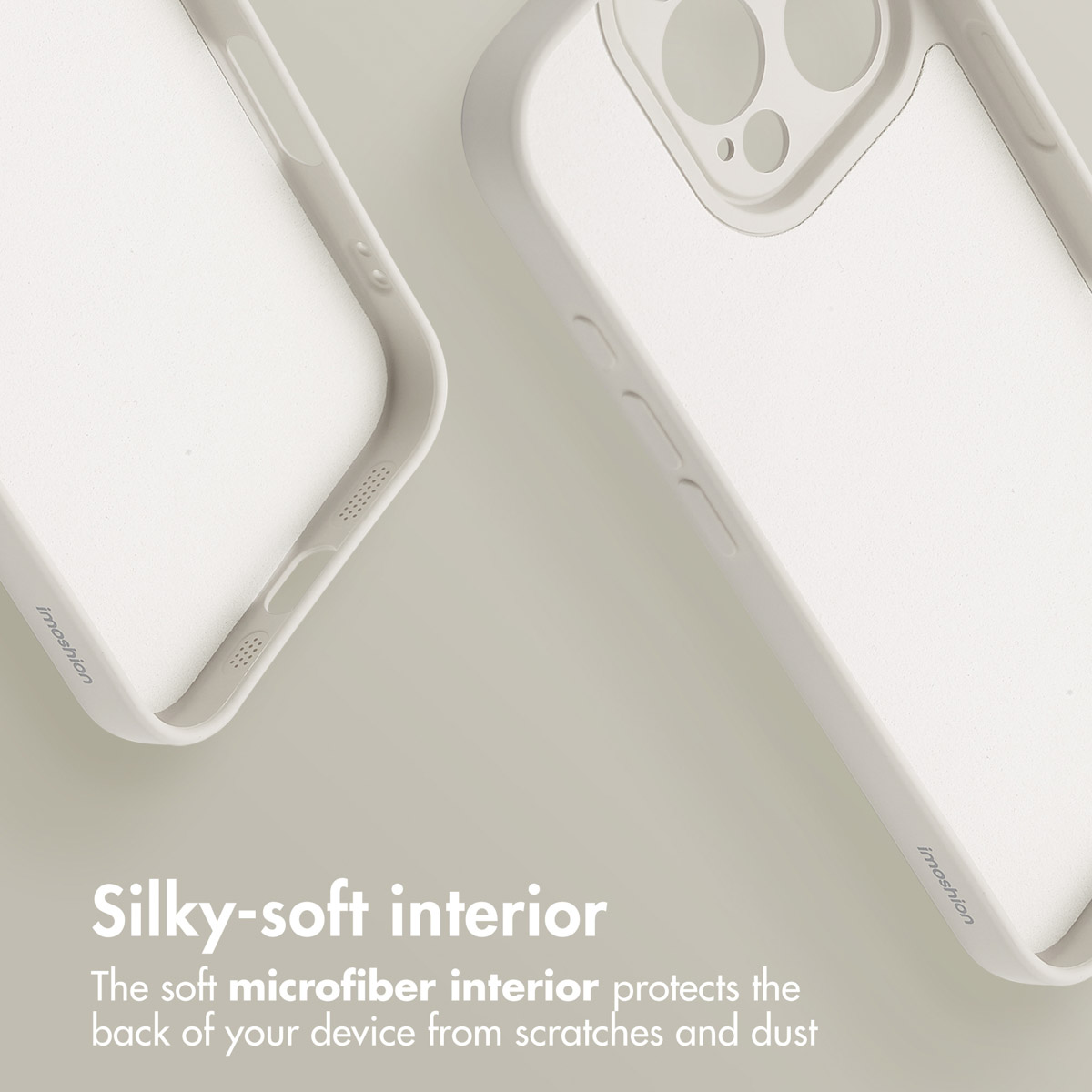 Custodia per telefono beige con interno morbido e foro per fotocamera.