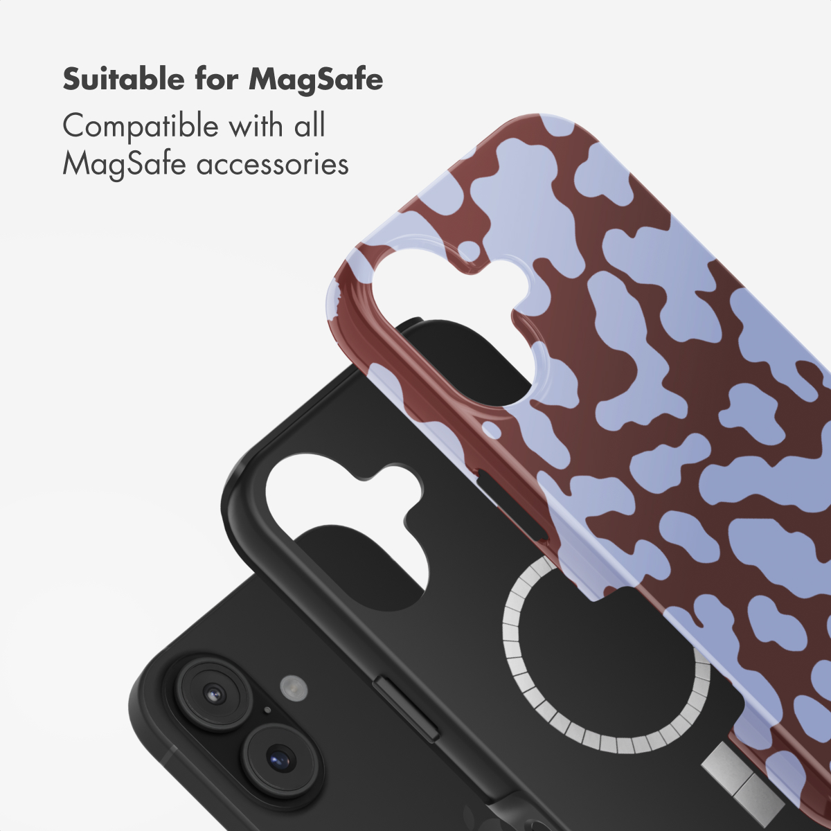 Custodia per telefono con stampa mucca marrone-blu su una custodia MagSafe nera.
