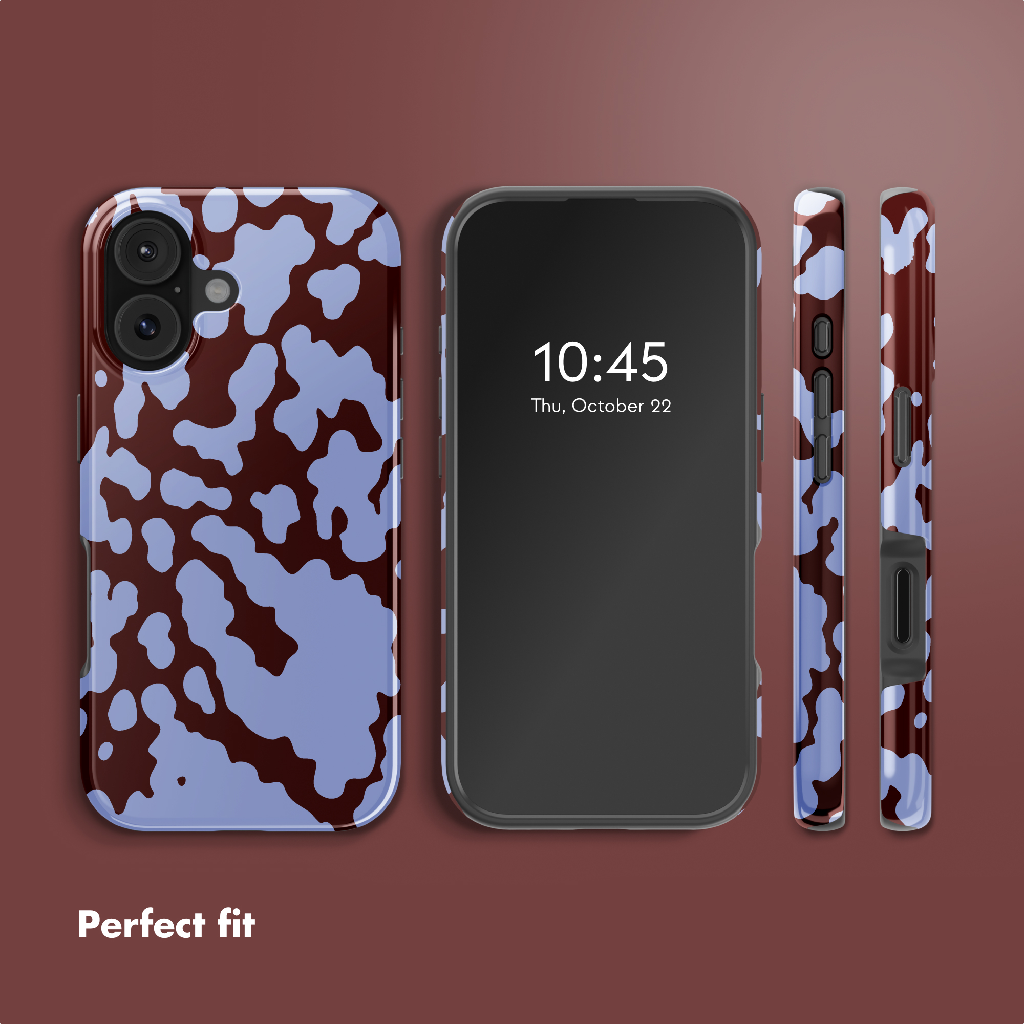 Uno smartphone mostrato da davanti e da dietro, con una cover mimetica blu e marrone.