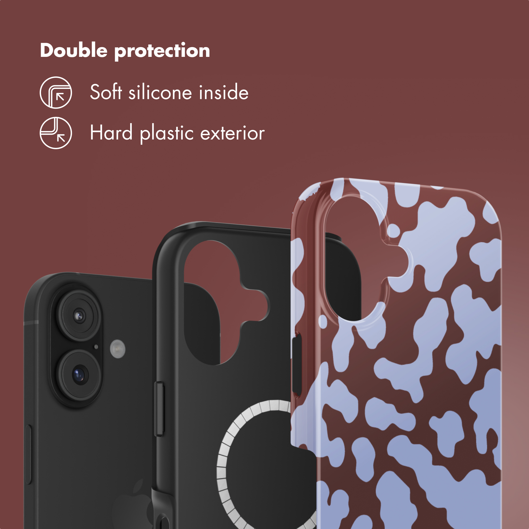 Cover per smartphone con doppia protezione e design maculato mucca su sfondo marrone.