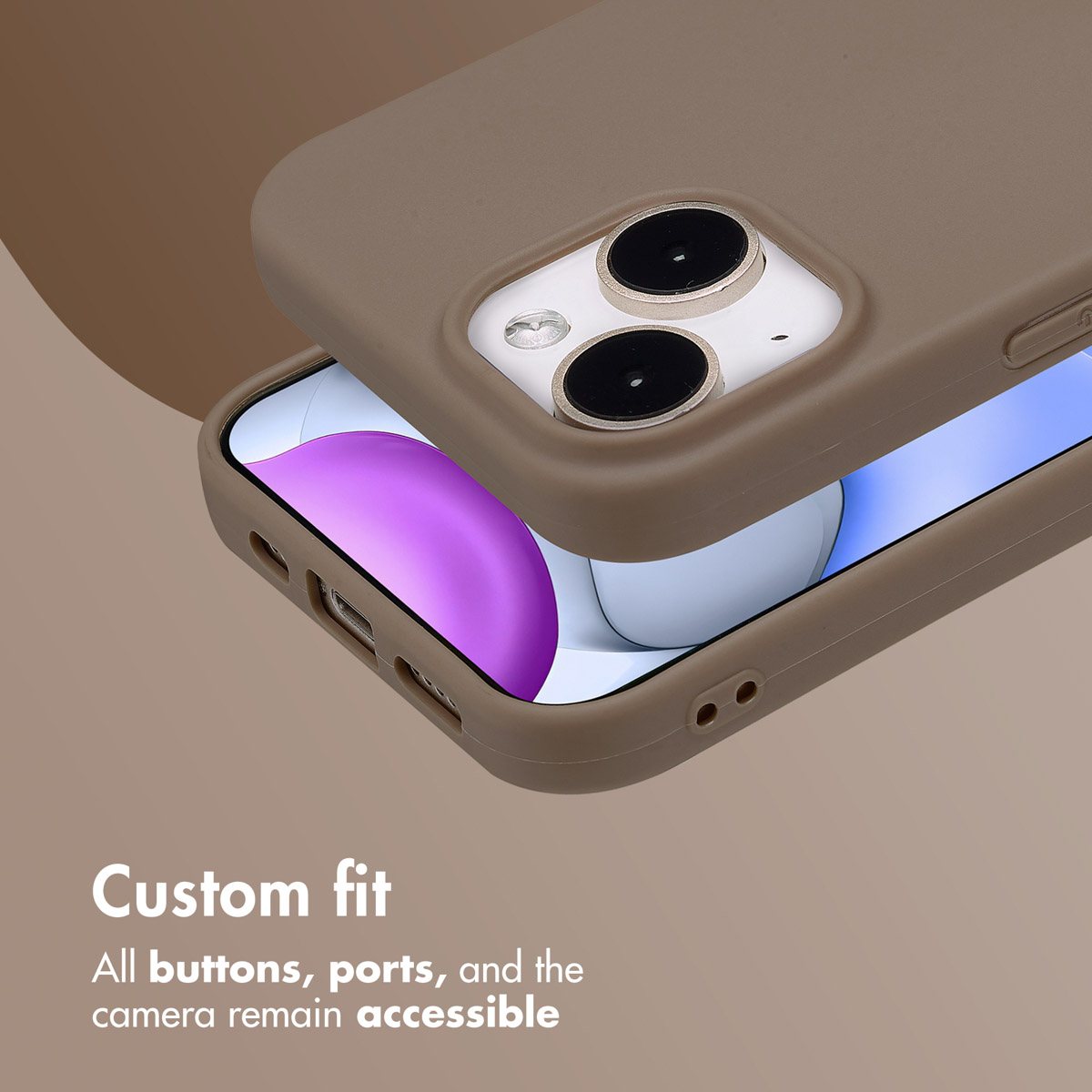 A smartphone in a brown silicone case showing the screen and camera lenses. Text below.