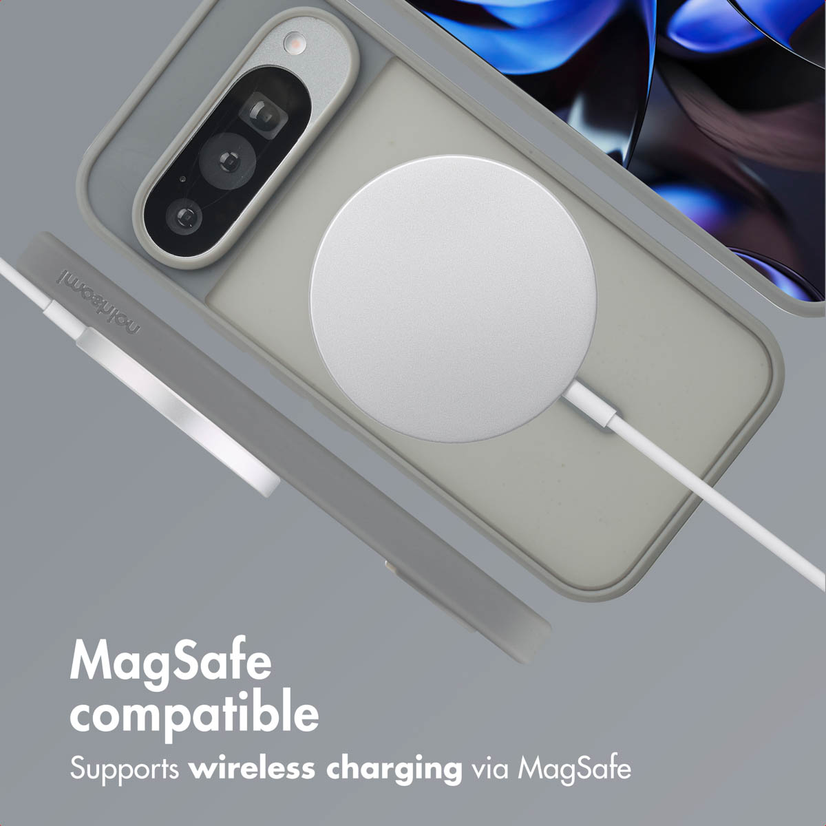 Custodia per telefono compatibile MagSafe con caricabatterie wireless sul retro.