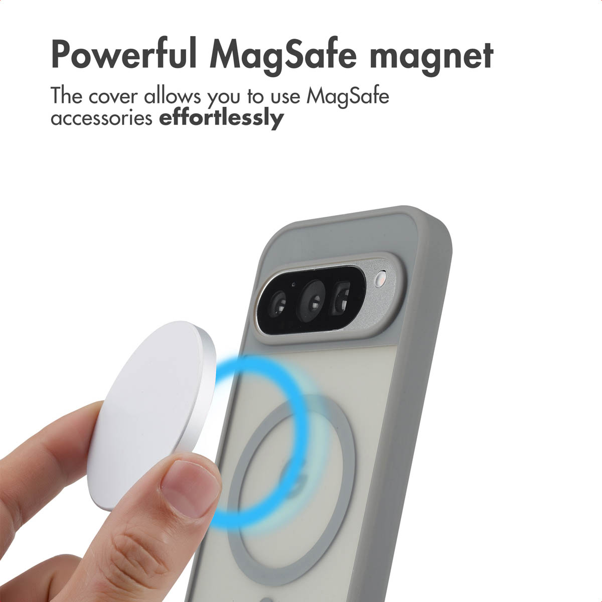 Custodia per telefono con potente magnete MagSafe che collega un accessorio wireless.