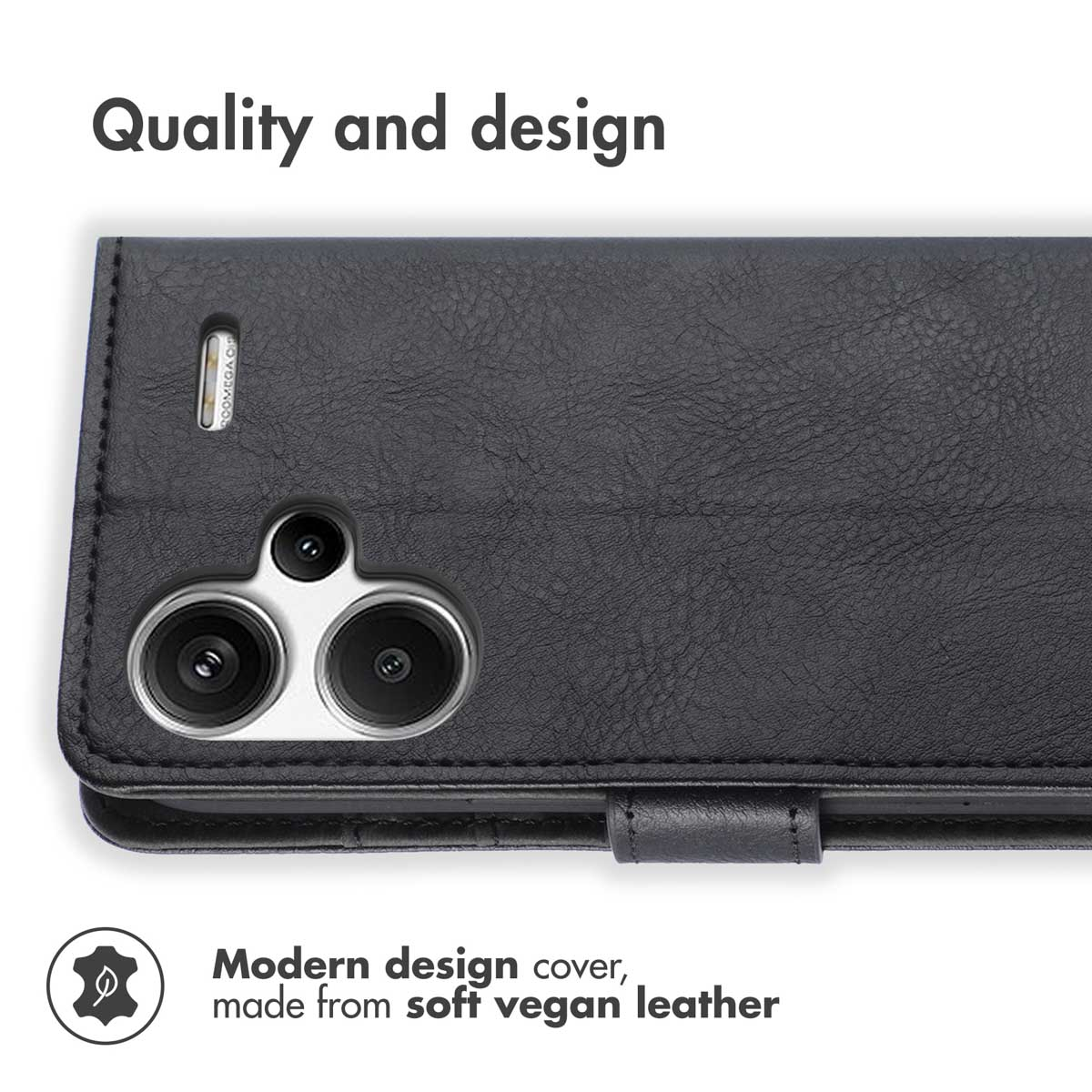 Custodia per telefono in pelle vegana nera con ritagli per fotocamera.