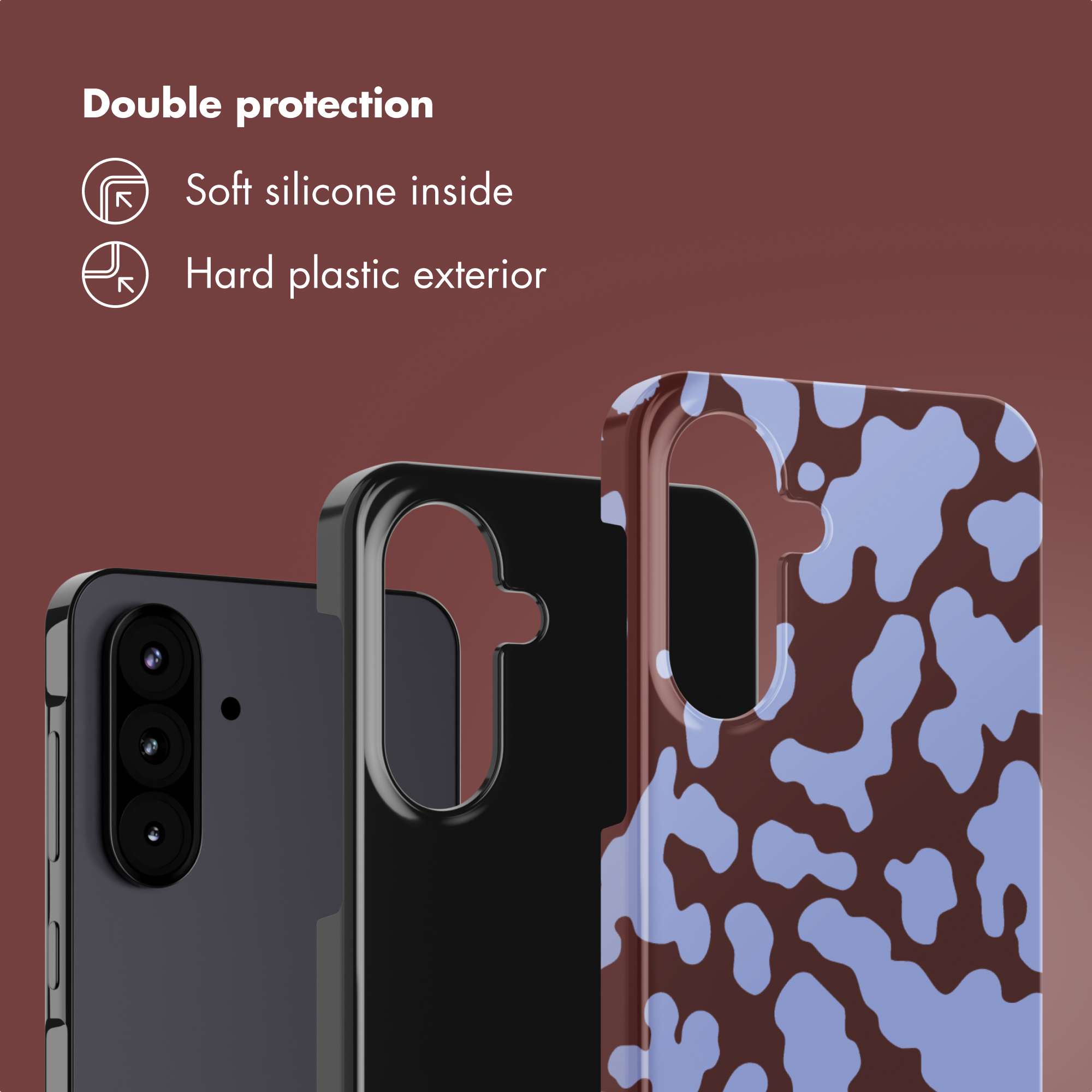 Cover per telefono con silicone morbido interno e plastica rigida esterna, fantasia mucca e nero.