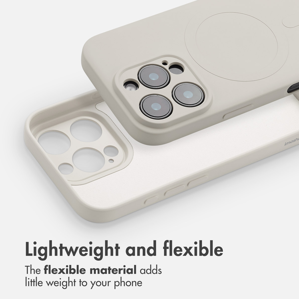 Une coque de téléphone beige avec découpe pour appareil photo et anneau MagSafe sur fond blanc, accompagnée d'un texte.