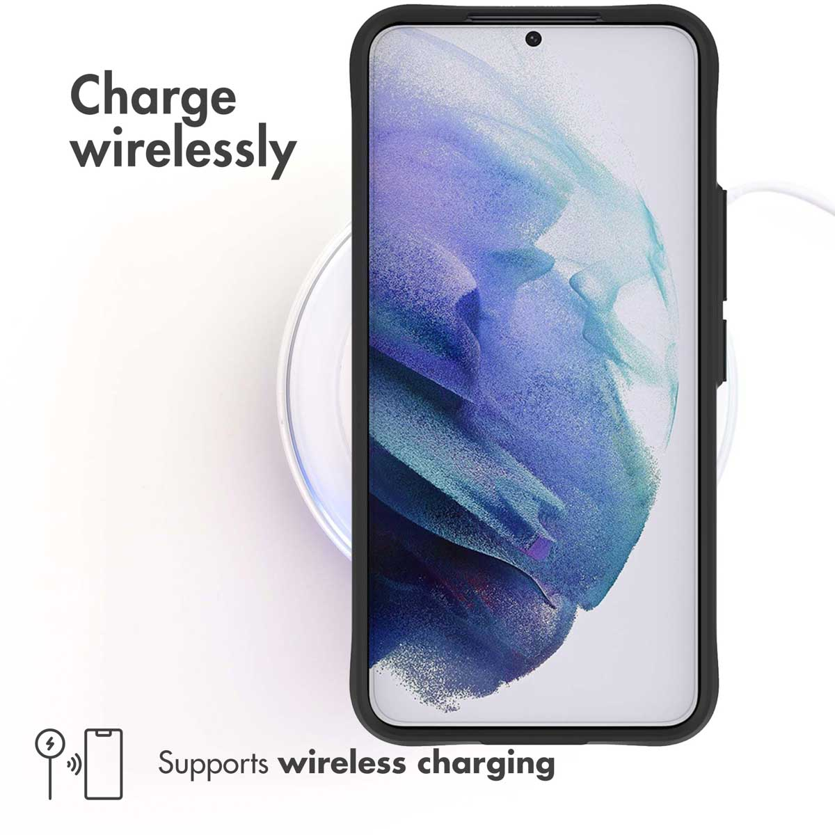 Ein Smartphone liegt auf einer runden, kabellosen Ladestation mit dem Text "Charge wirelessly" auf weißem Hintergrund.