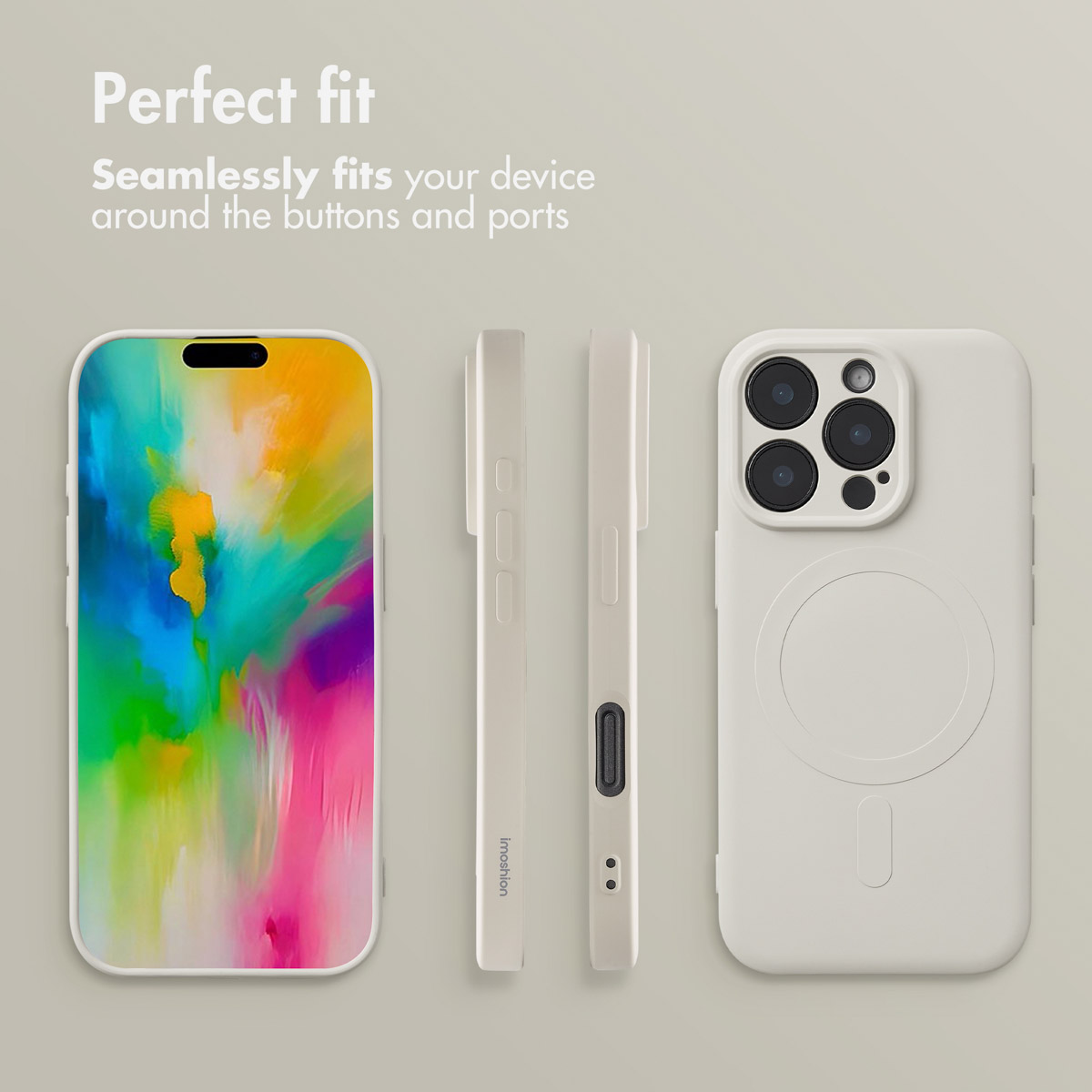 Vues multiples d'une coque de téléphone beige sur un smartphone avec un écran coloré et le texte Perfect fit.
