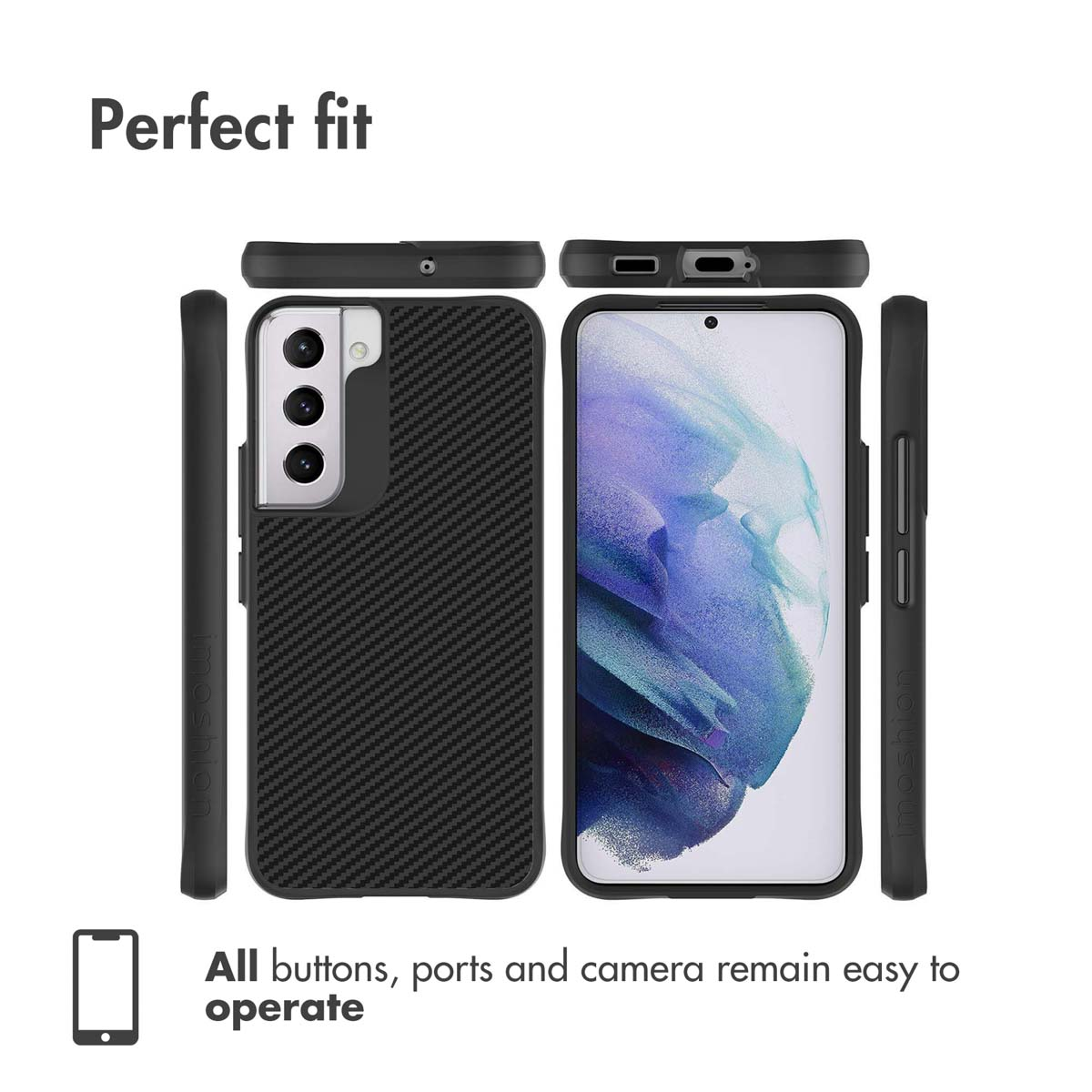 Schwarze Schutzhülle für ein Smartphone mit Aussparungen für Kamera, Tasten und Anschlüsse.